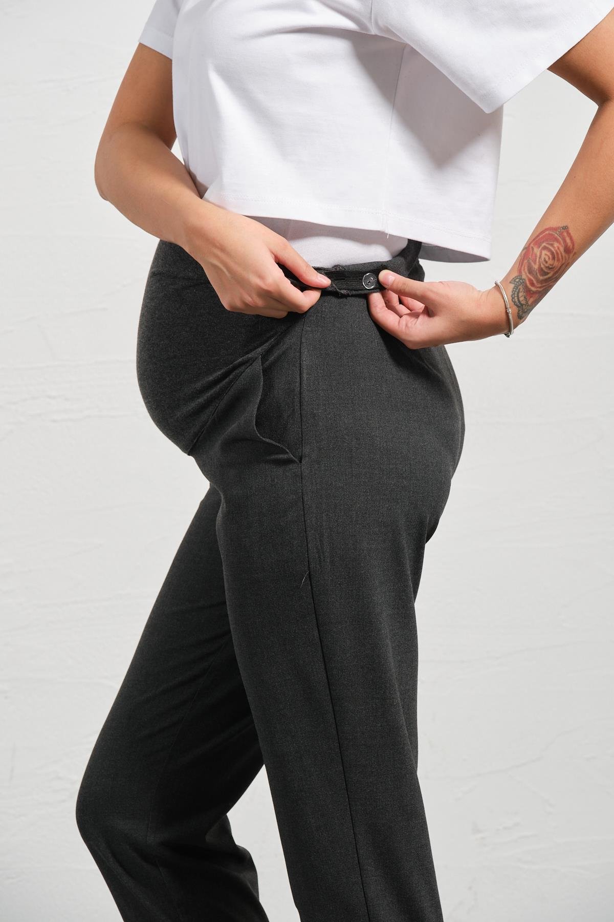 Busa Hamile Esnek Karın Bantlı Belden Ayarlı Mom Fit Klasik Gabardin Pantolon Antrasit
