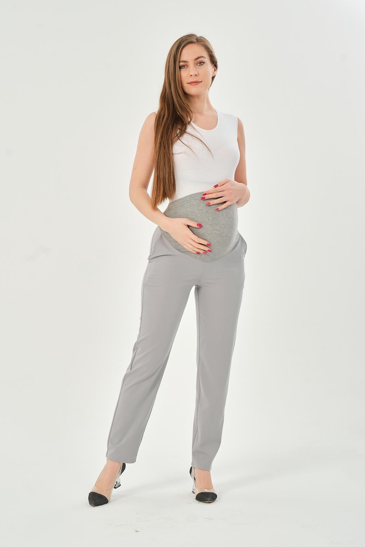 Busa Hamile Esnek Karın Bantlı Belden Ayarlı Mom Fit Klasik Gabardin Pantolon Gri