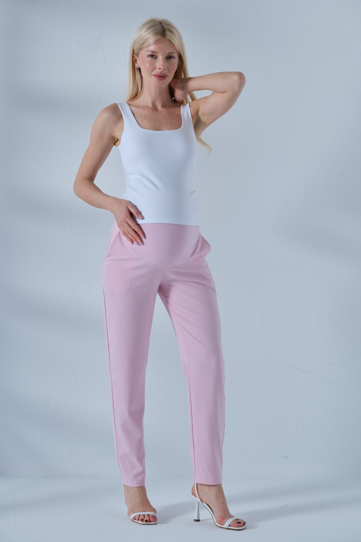 Busa Hamile Esnek Karın Bantlı Belden Ayarlı Mom Fit Klasik Gabardin Pantolon AÇIK PEMBE
