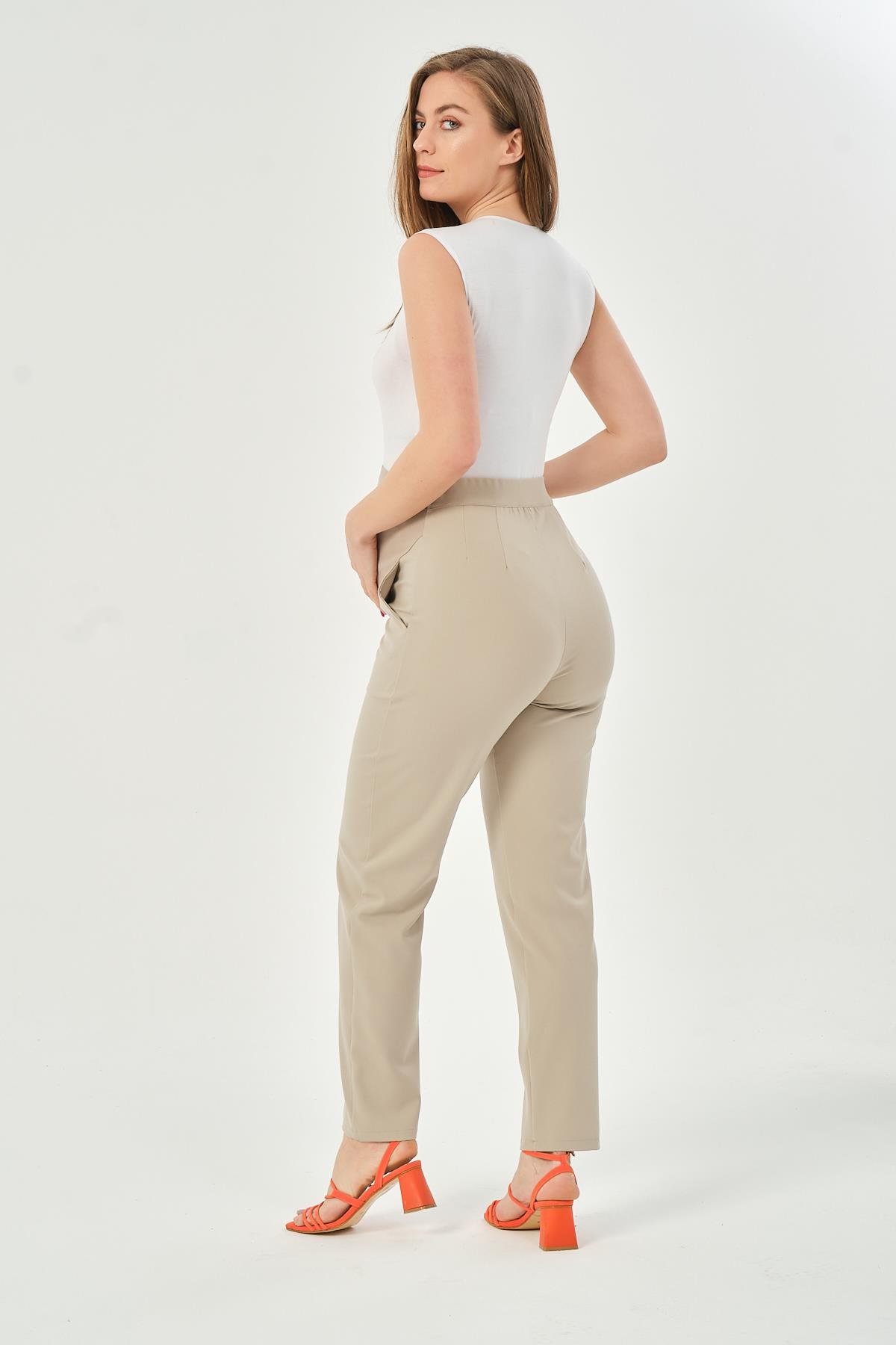 Busa Hamile Esnek Karın Bantlı Belden Ayarlı Mom Fit Klasik Gabardin Pantolon Taş