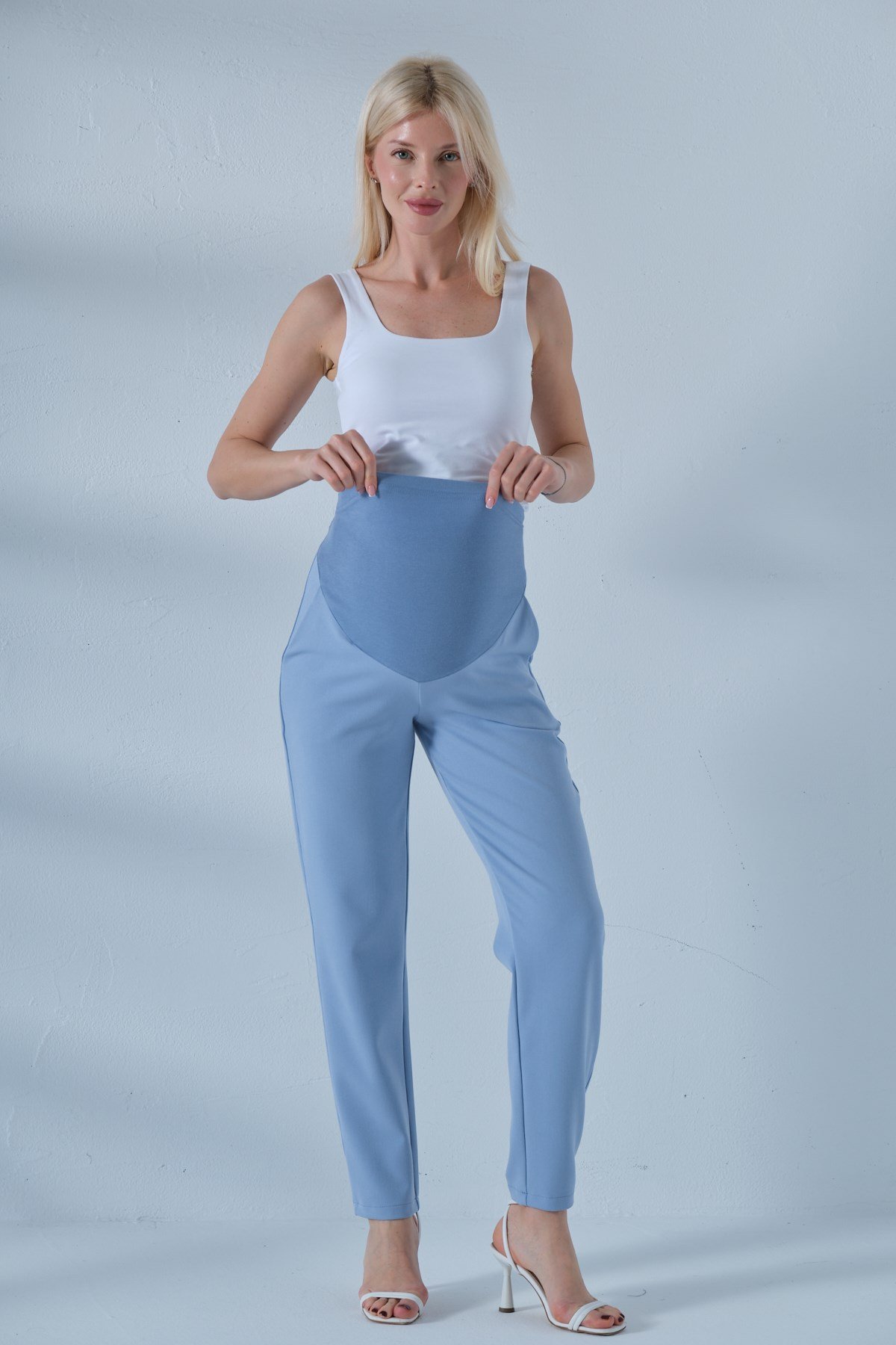 Busa Hamile Esnek Karın Bantlı Belden Ayarlı Mom Fit Klasik Gabardin Pantolon AÇIK MAVİ