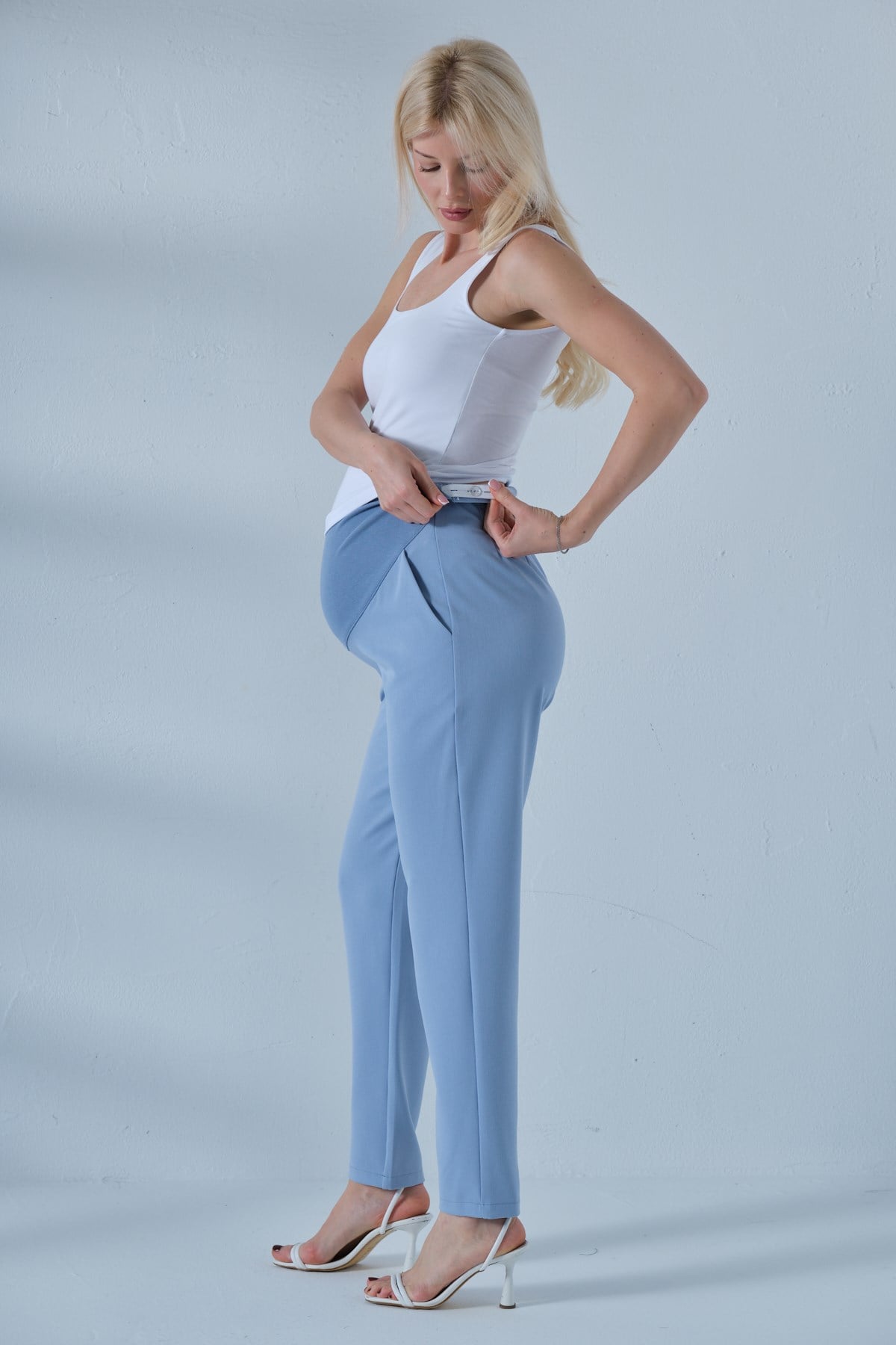 Busa Hamile Esnek Karın Bantlı Belden Ayarlı Mom Fit Klasik Gabardin Pantolon AÇIK MAVİ