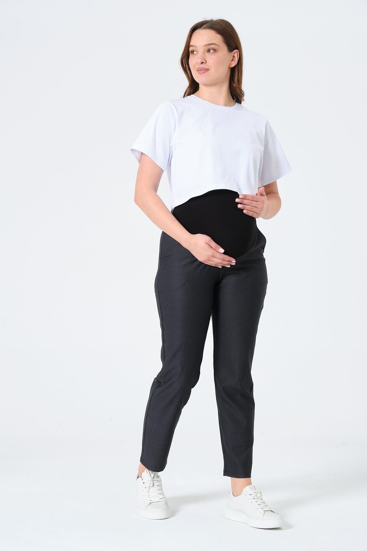 Busa Hamile Esnek Karın Bantlı Belden Ayarlı Mom Fit Klasik Gabardin Pantolon SİYAH MELANJ