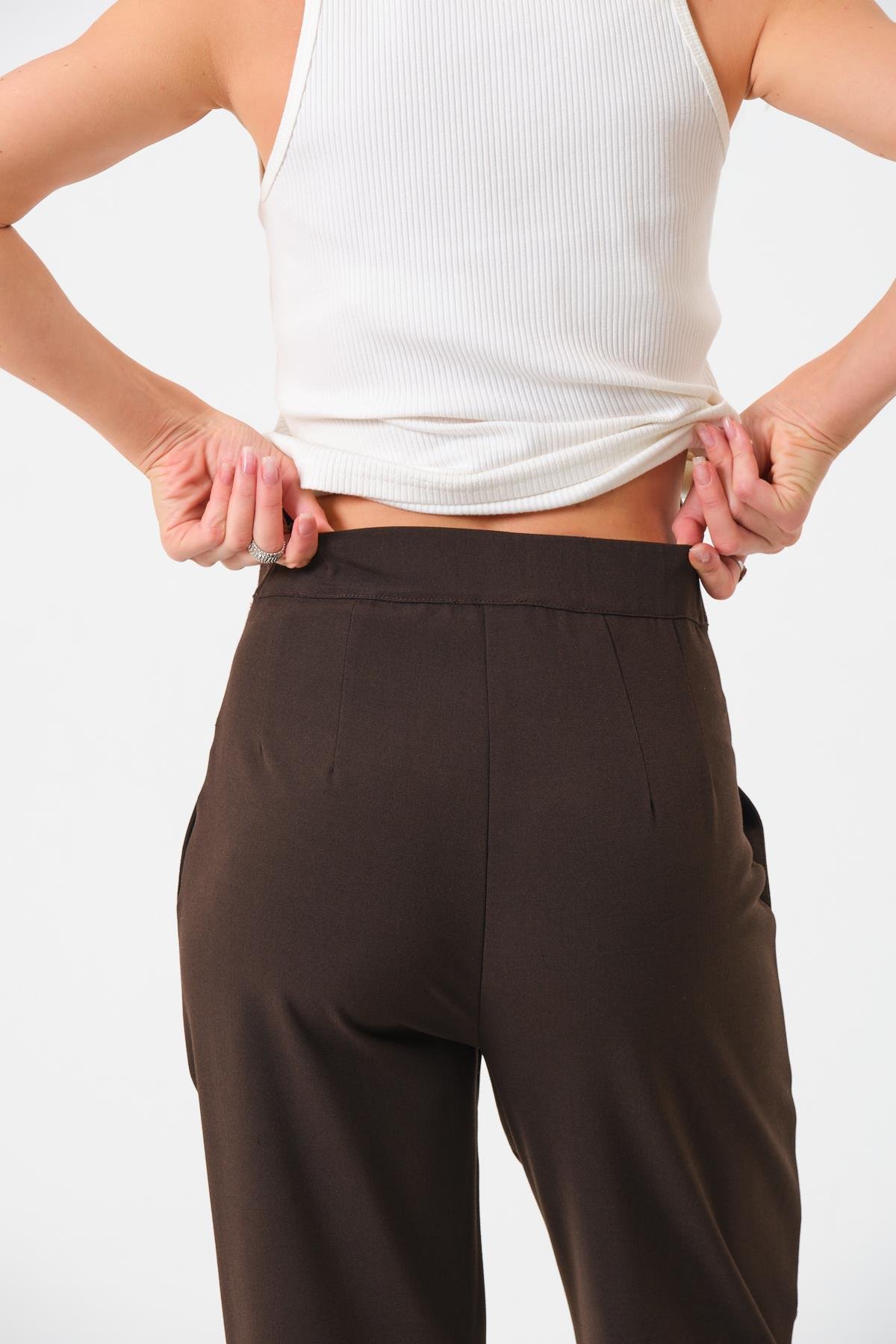 Busa Hamile Esnek Karın Bantlı Belden Ayarlı Mom Fit Klasik Gabardin Pantolon ACI KAHVE