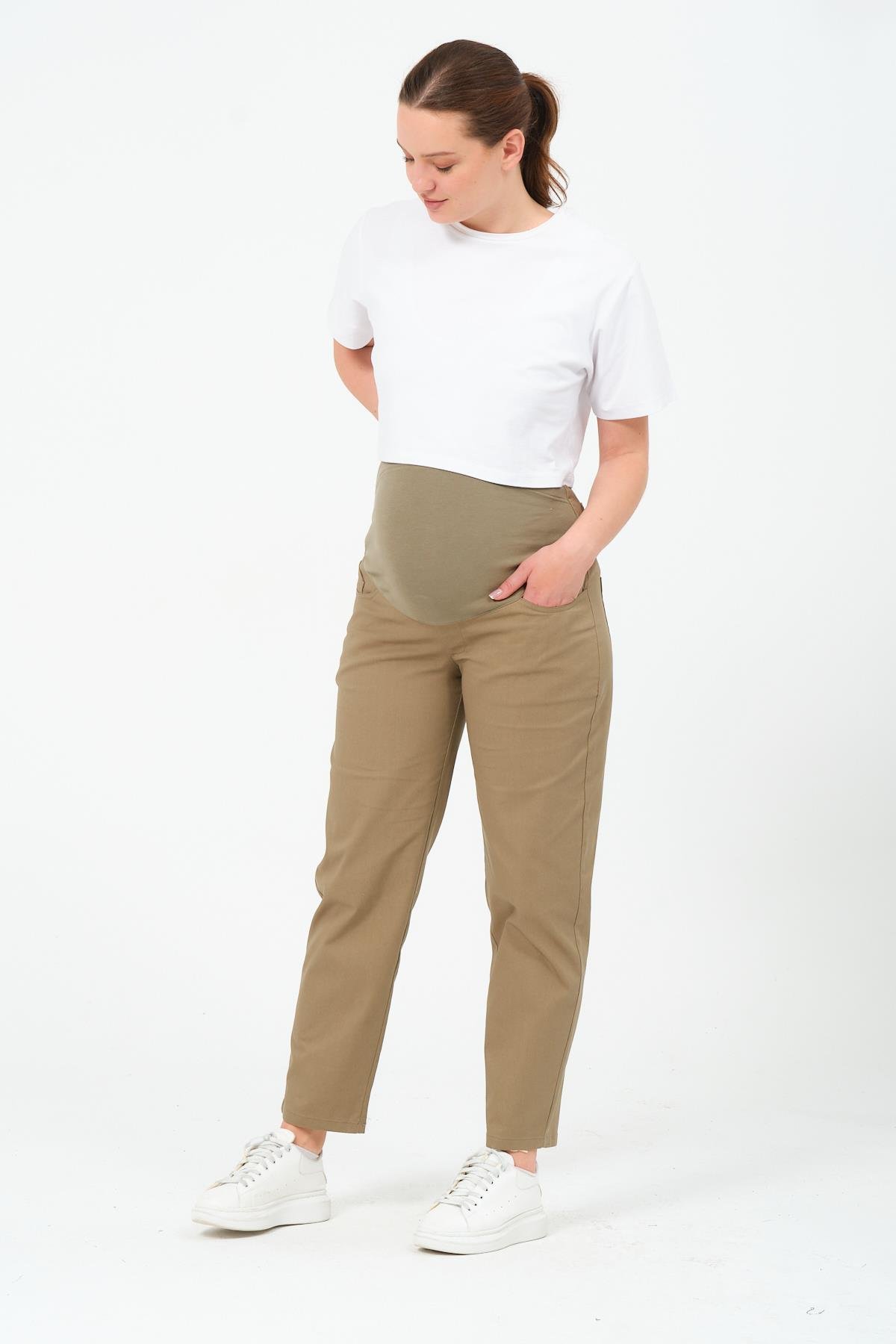 Busa Hamile Esnek Karın Bantlı Beli Ayarlanabilir Mom Fit Kanvas Pantolon HAKİ