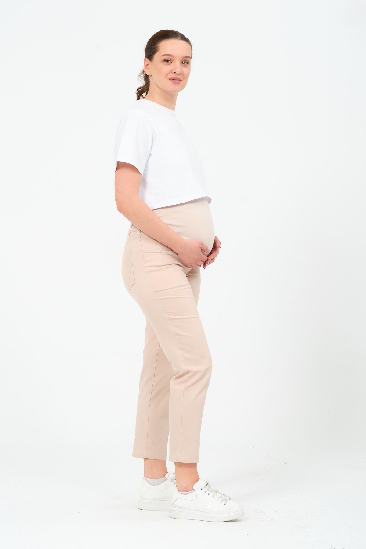 Busa Hamile Esnek Karın Bantlı Beli Ayarlanabilir Mom Fit Kanvas Pantolon BEJ