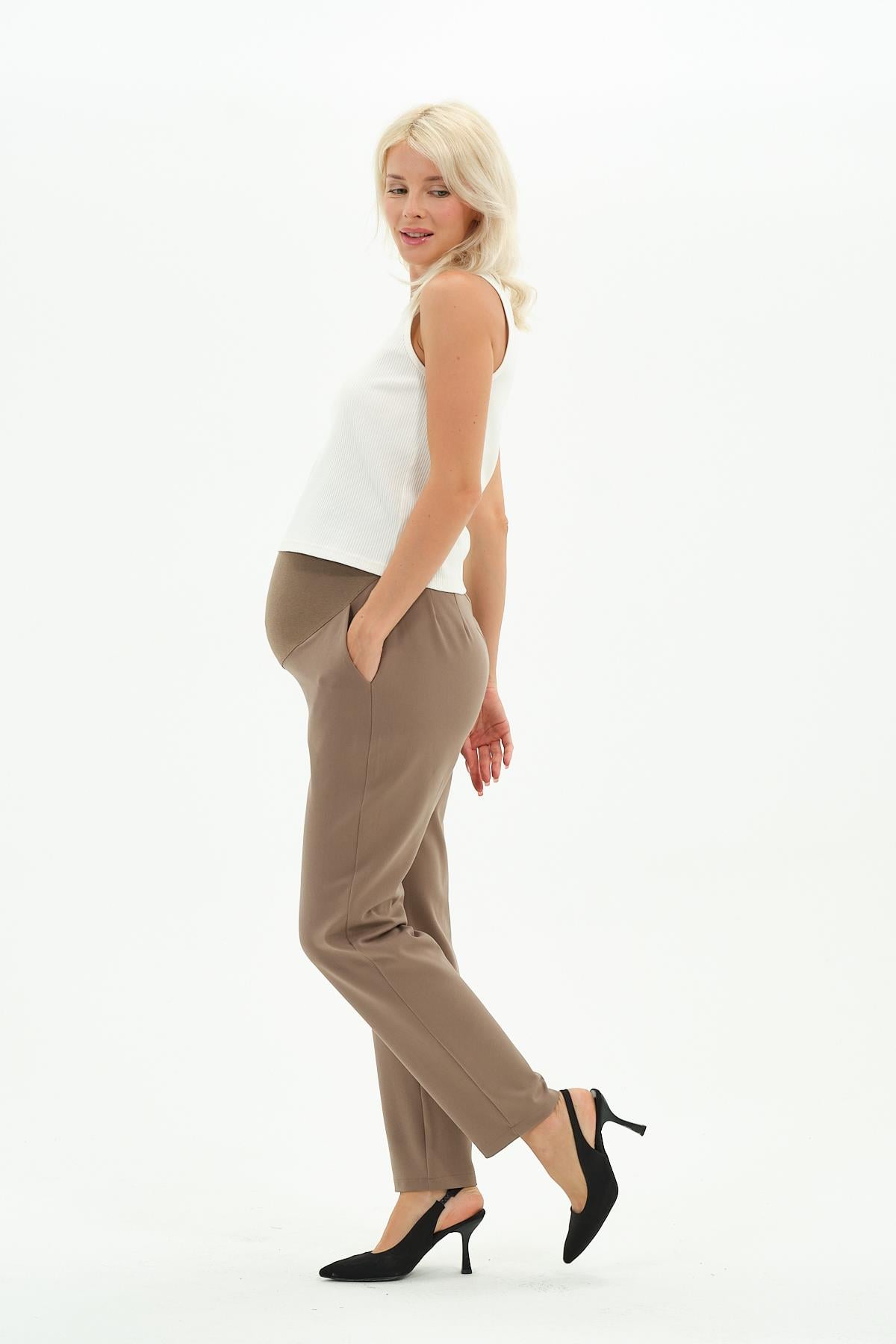 Busa Hamile Esnek Karın Bantlı Beli Ayarlı Kışlık Mom Fit Gabardin Pantolon Vizon