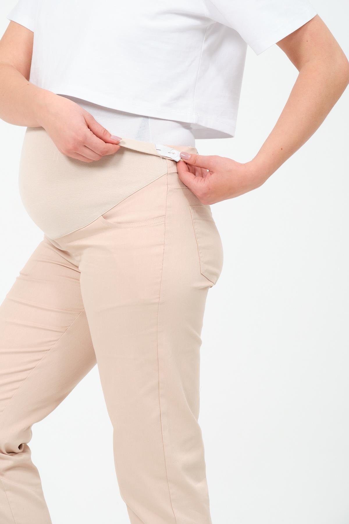 Busa Hamile Esnek Karın Bantlı Beli Ayarlanabilir Mom Fit Kanvas Pantolon BEJ