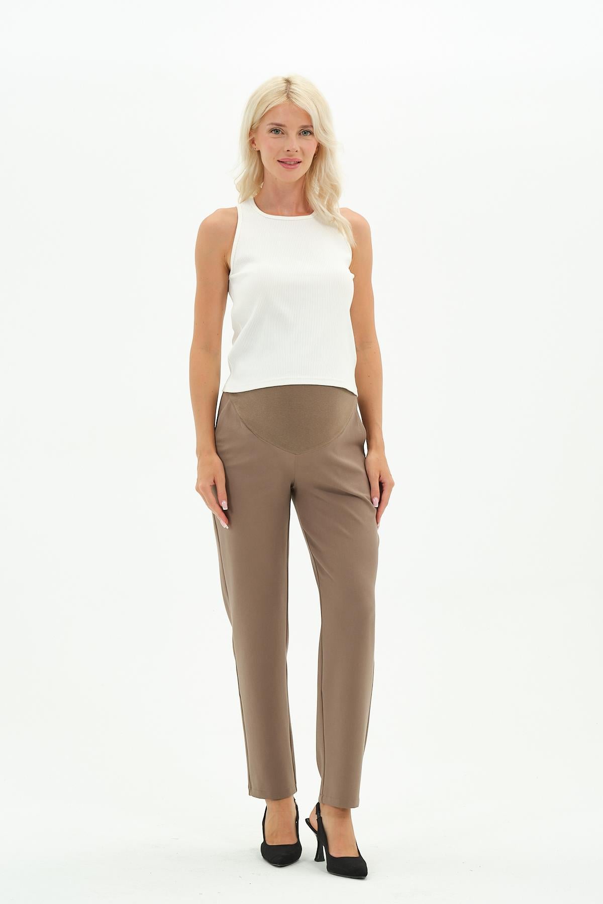 Busa Hamile Esnek Karın Bantlı Beli Ayarlı Kışlık Mom Fit Gabardin Pantolon Vizon
