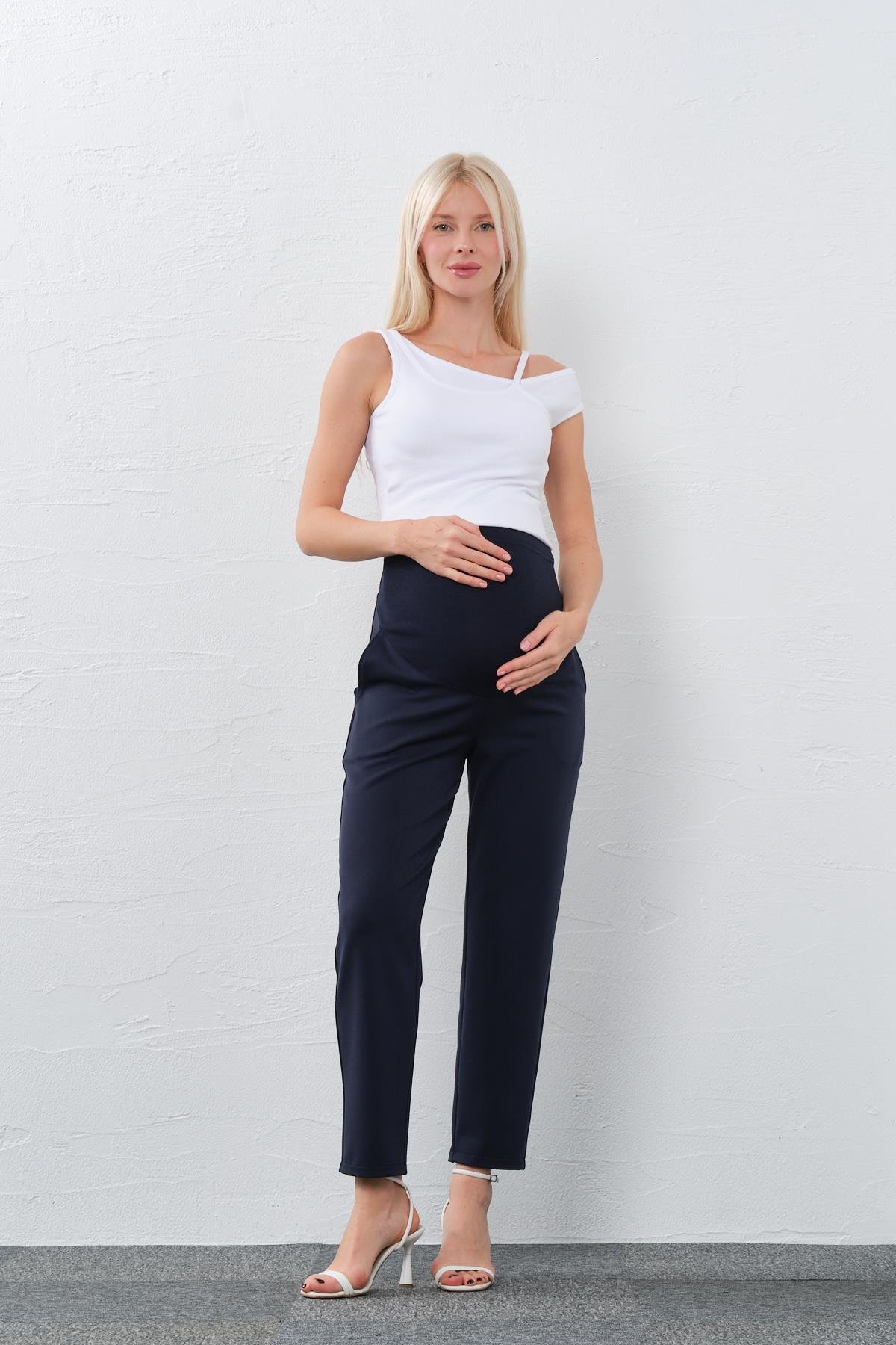 Busa Hamile Esnek Karın Bantlı Beli Ayaranabilir Mom Fit Klasik Kumaş Pantolon LACİVERT