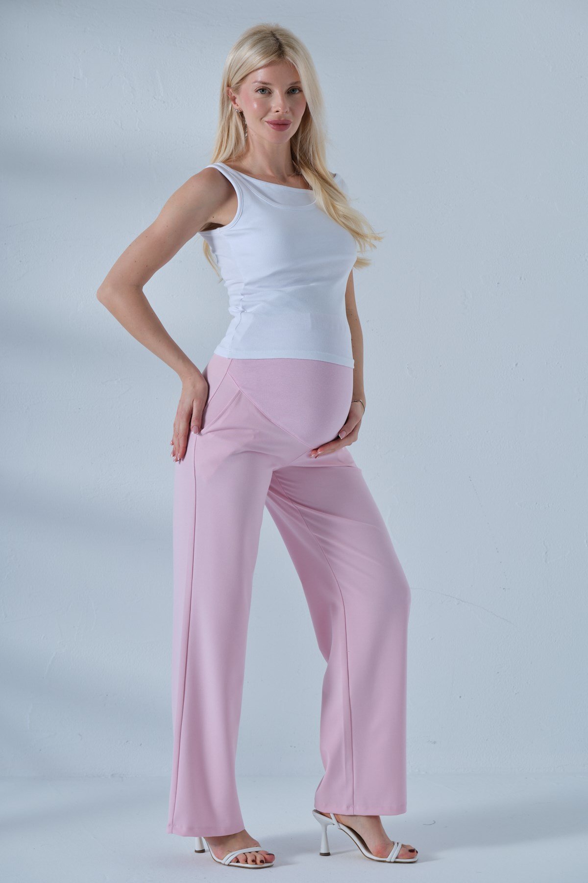 Busa Hamile Esnek Karın Bantlı Beli Ayarlı Bol Paça Gabardin Pantolon AÇIK PEMBE