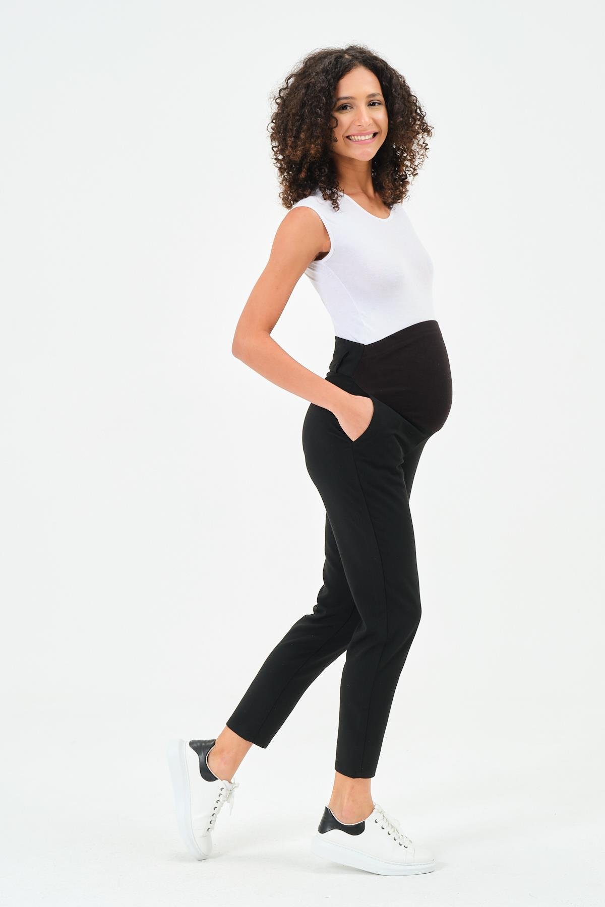 Busa Hamile Esnek Karın Bantlı Beli Ayarlı Mom Fit Klasik Pantolon Siyah