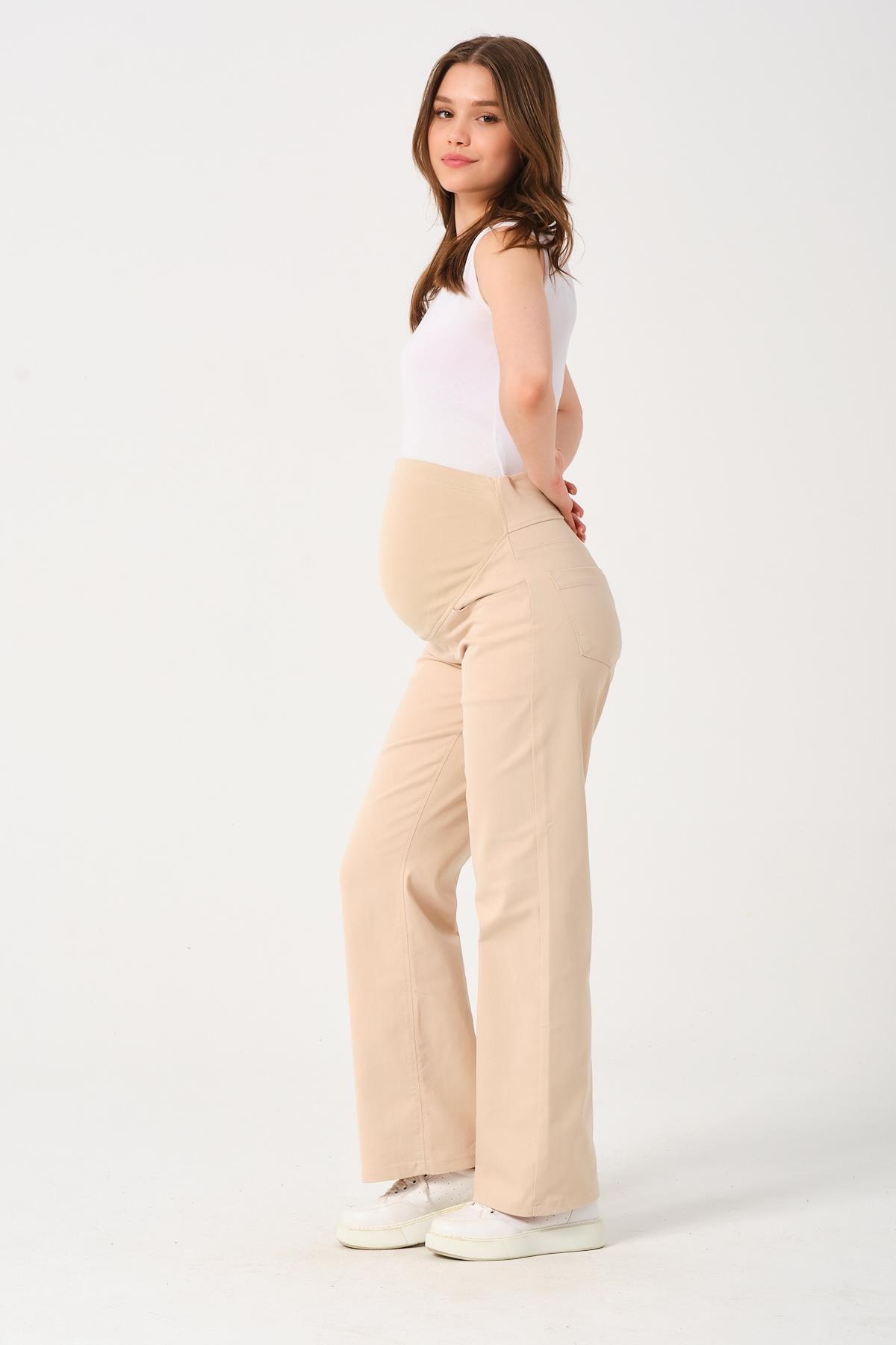 Busa Hamile Esnek Karın Bantlı Beli Ayarlanabilir Kanvas Bol Paça Pantolon Bej