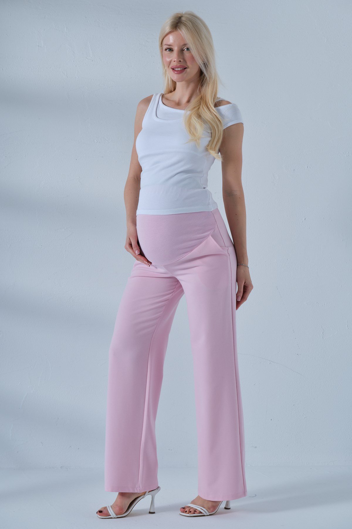 Busa Hamile Esnek Karın Bantlı Beli Ayarlı Bol Paça Gabardin Pantolon AÇIK PEMBE