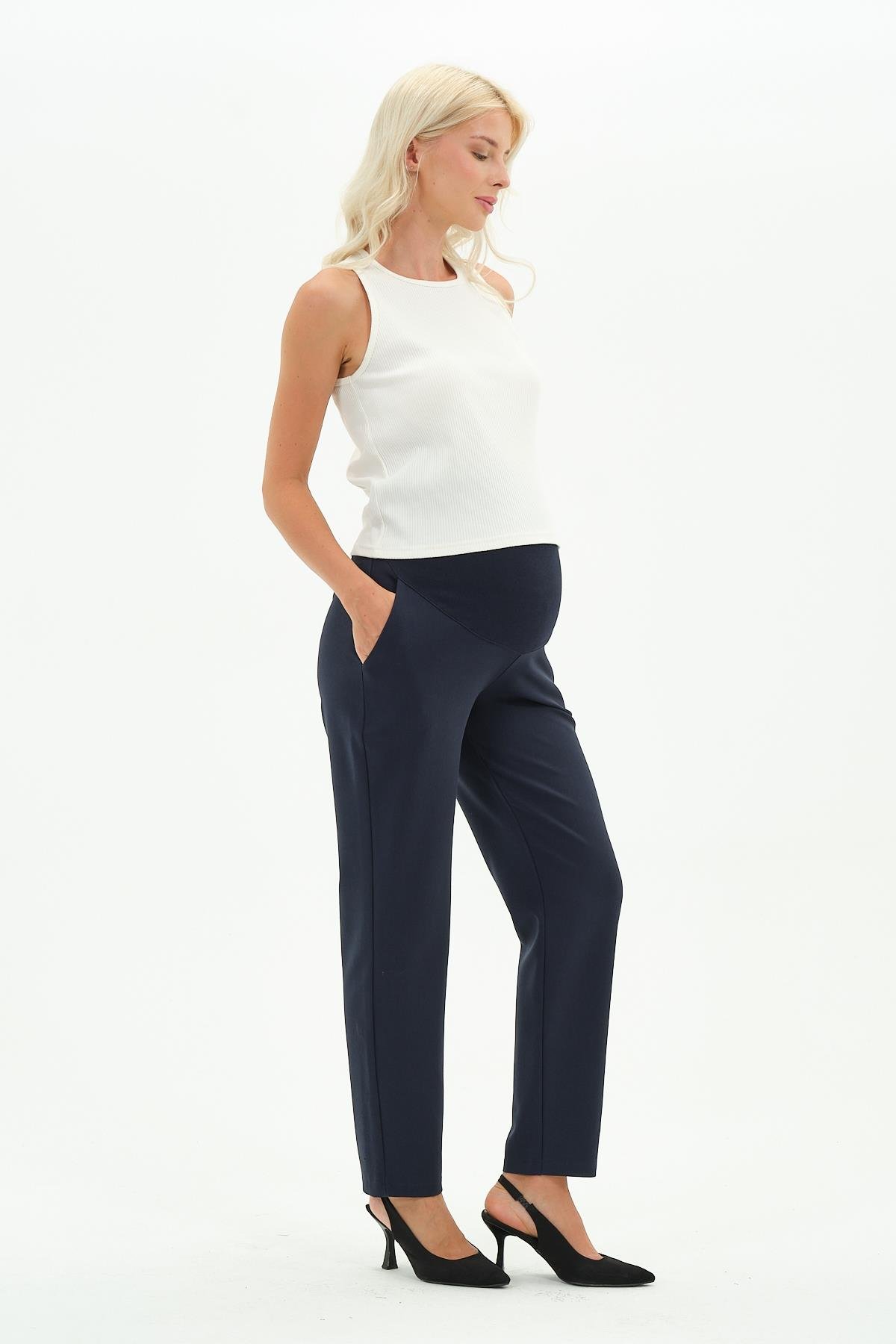 Busa Hamile Esnek Karın Bantlı Beli Ayarlanabilir Kışlık Mom Fit Klasik Pantolon LACİVERT