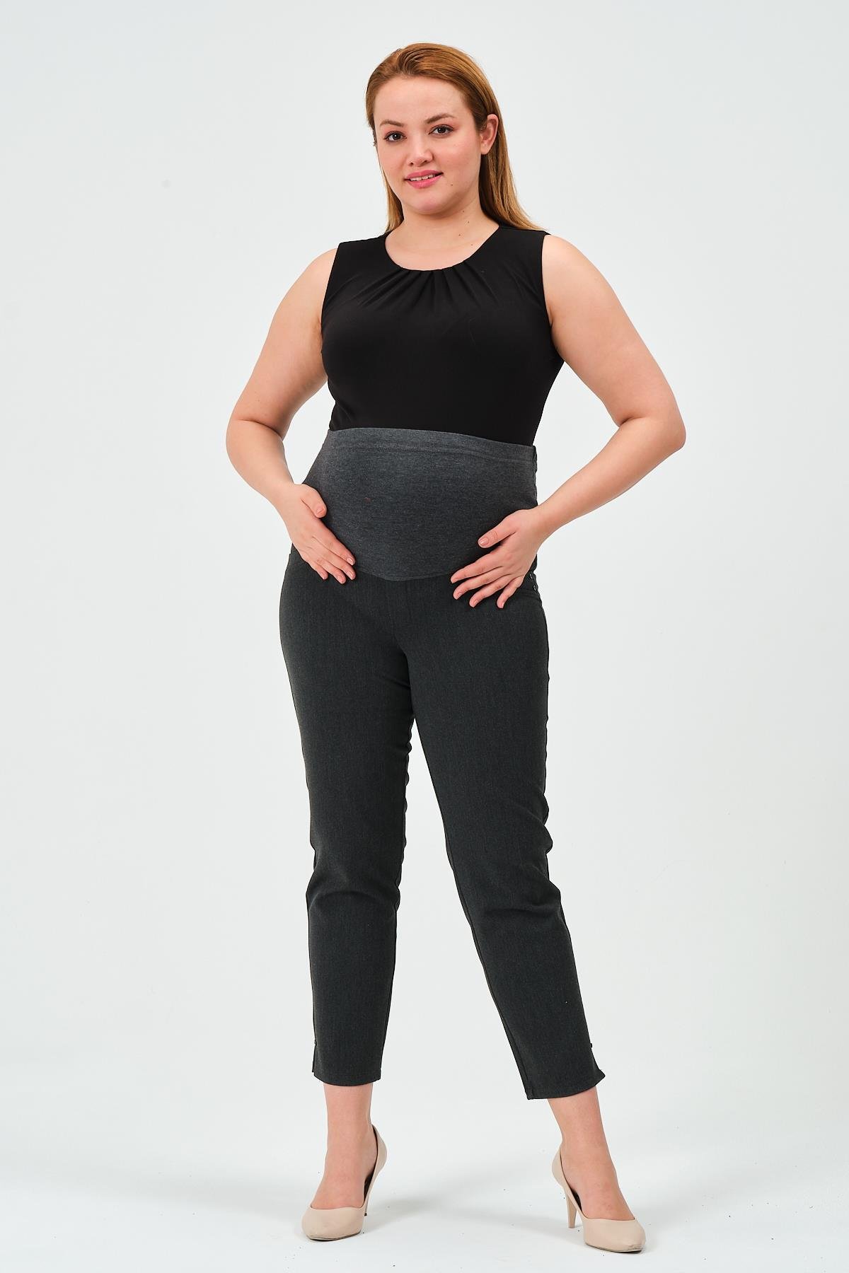 Busa Hamile Esnek Karın Bantlı Beli Ayarlanabilir Mom Fit Gabardin Pantolon GRİ