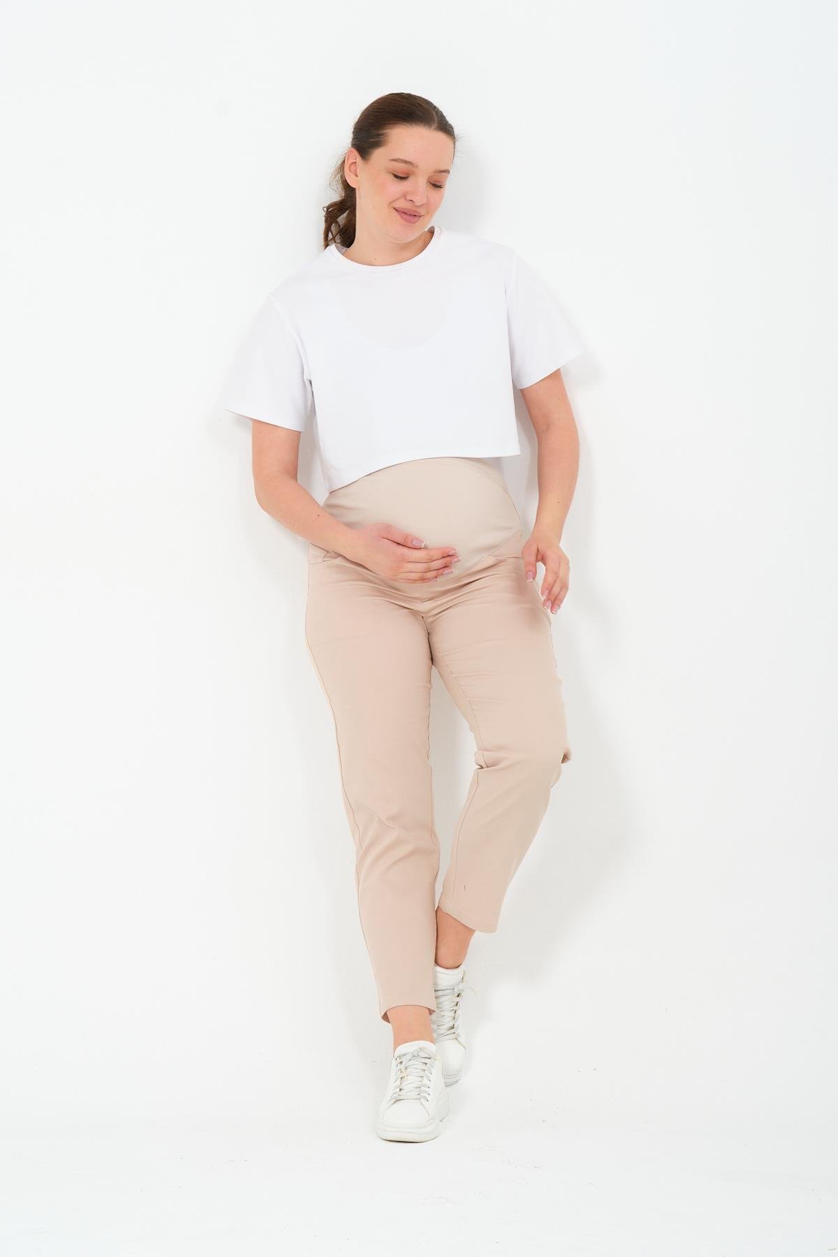 Busa Hamile Esnek Karın Bantlı Beli Ayarlanabilir Mom Fit Kanvas Pantolon BEJ