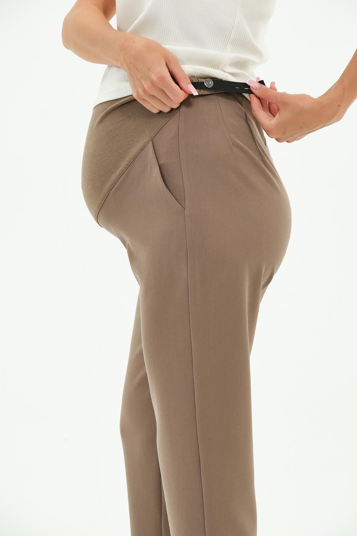 Busa Hamile Esnek Karın Bantlı Beli Ayarlı Kışlık Mom Fit Gabardin Pantolon Vizon