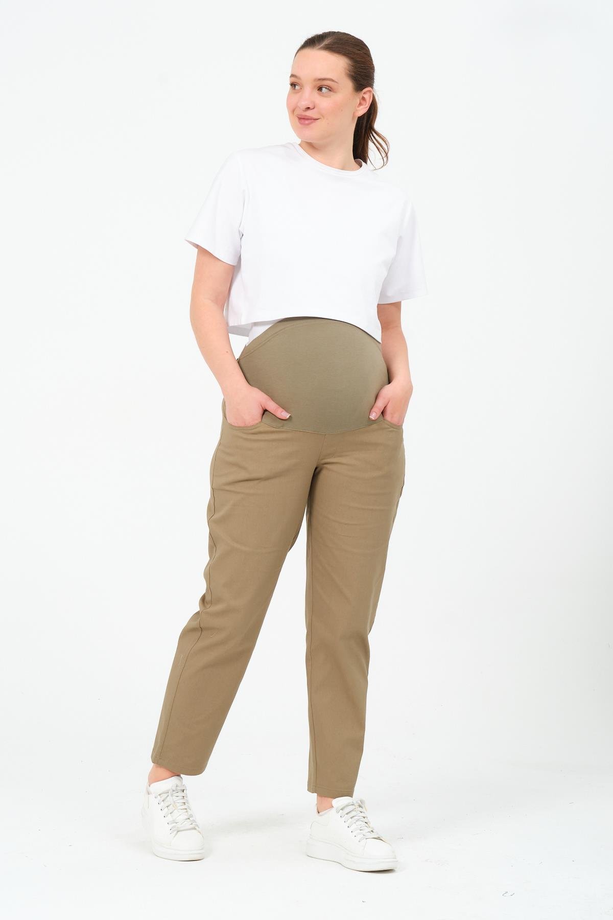 Busa Hamile Esnek Karın Bantlı Beli Ayarlanabilir Mom Fit Kanvas Pantolon HAKİ