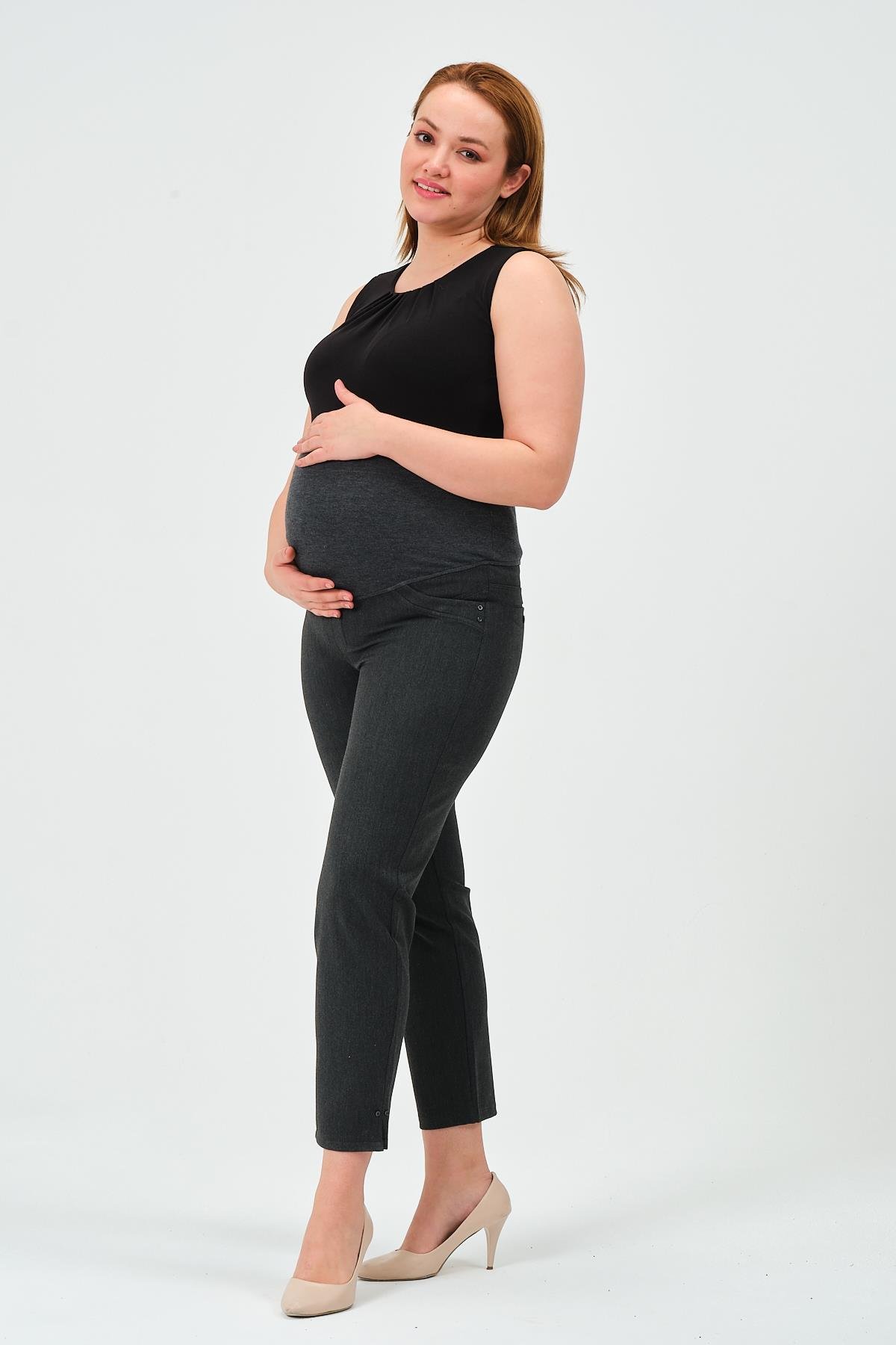 Busa Hamile Esnek Karın Bantlı Beli Ayarlanabilir Mom Fit Gabardin Pantolon GRİ