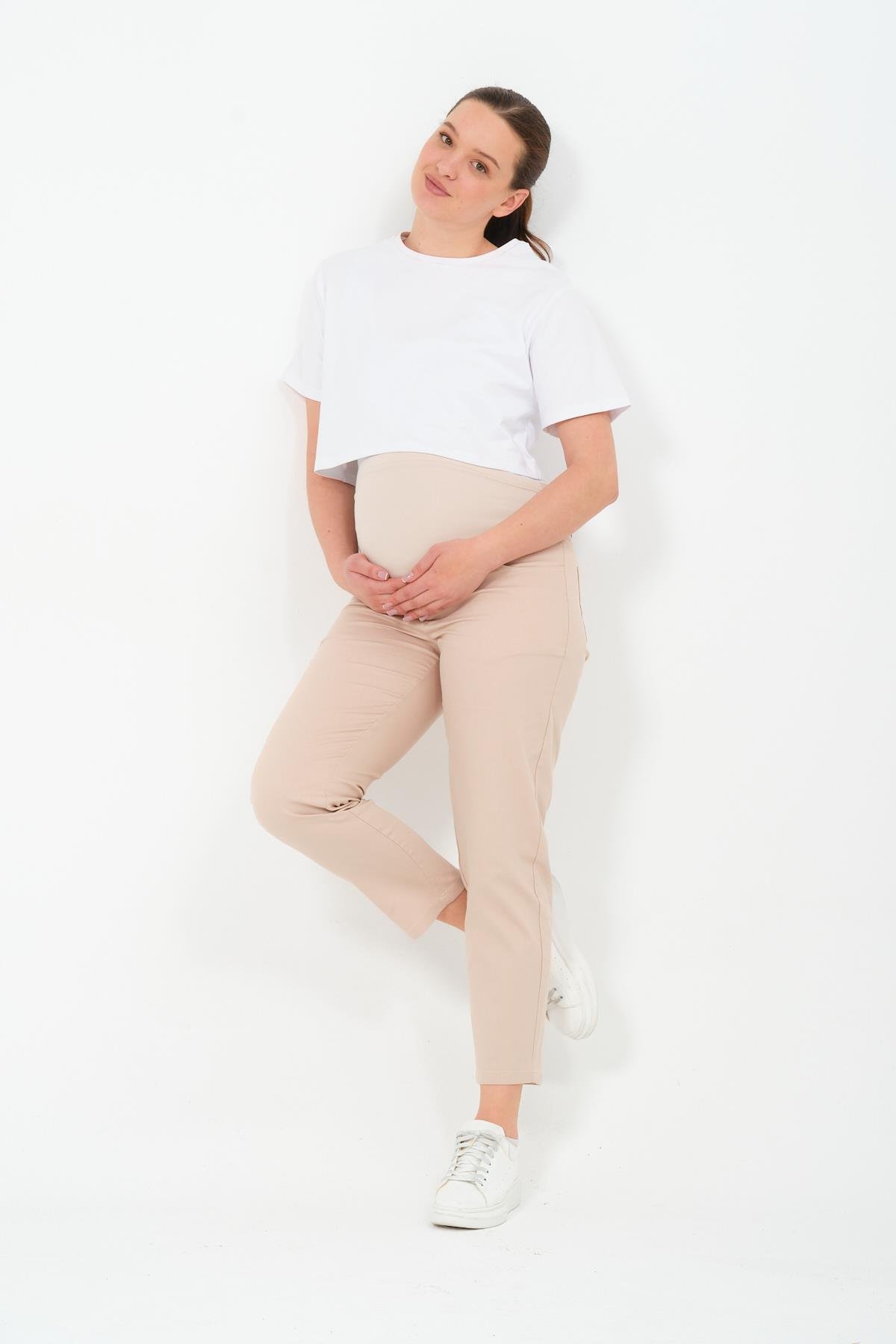 Busa Hamile Esnek Karın Bantlı Beli Ayarlanabilir Mom Fit Kanvas Pantolon BEJ