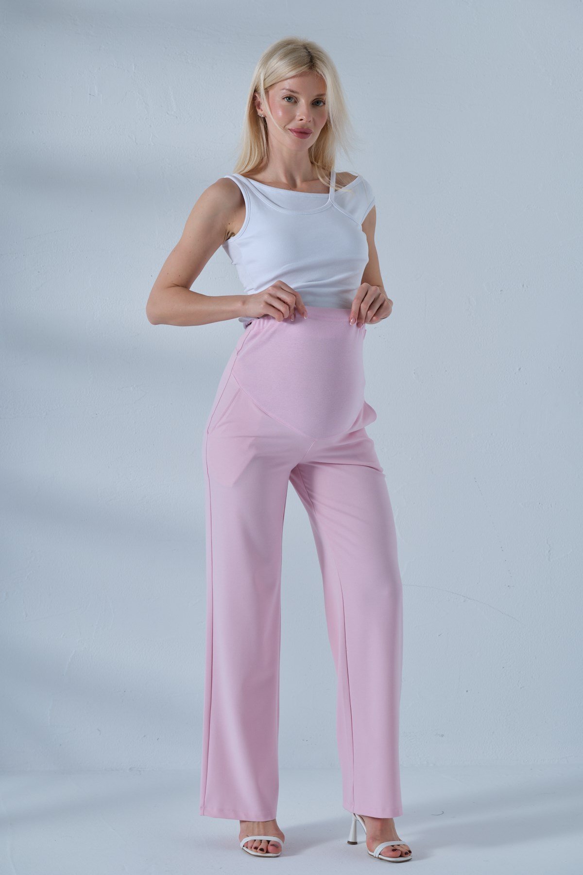 Busa Hamile Esnek Karın Bantlı Beli Ayarlı Bol Paça Gabardin Pantolon AÇIK PEMBE