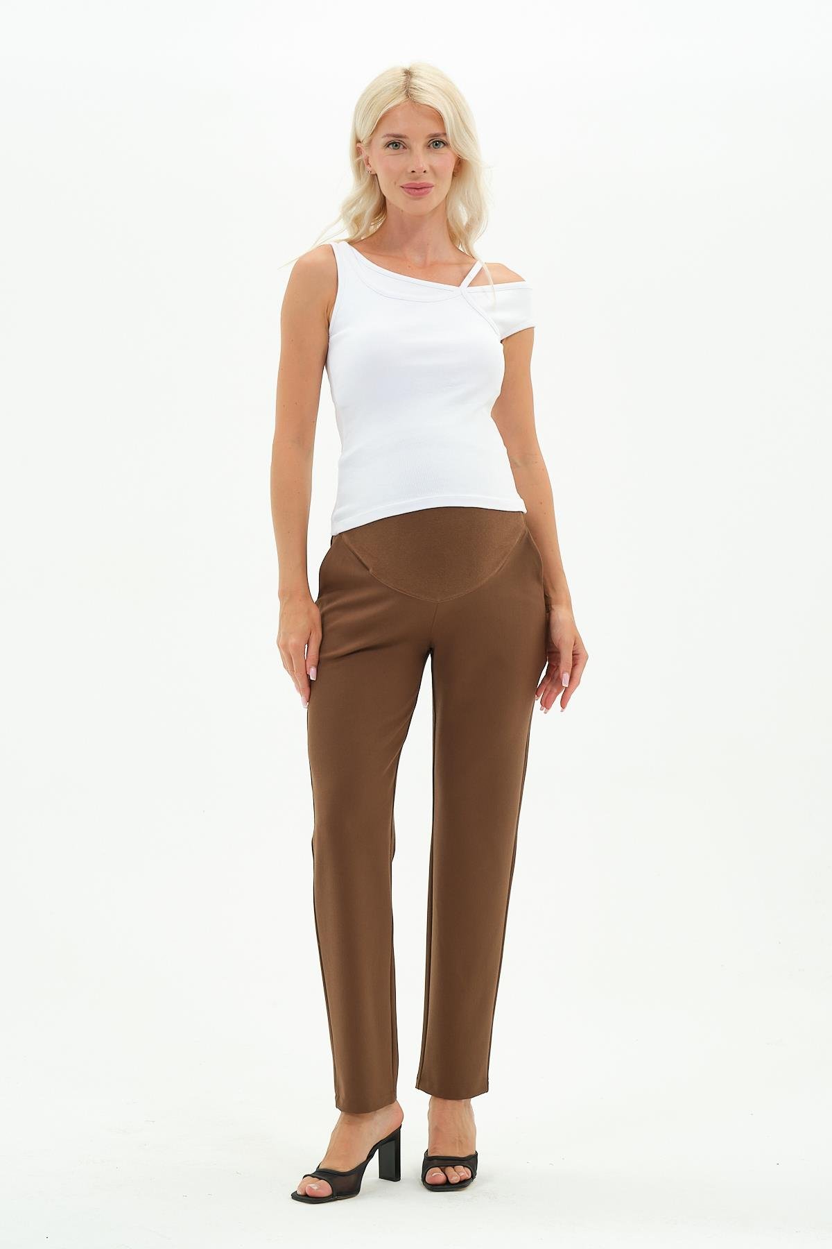 Busa Hamile Esnek Karın Bantlı Beli Ayarlı Kışlık Mom Fit Gabardin Pantolon Kahverengi