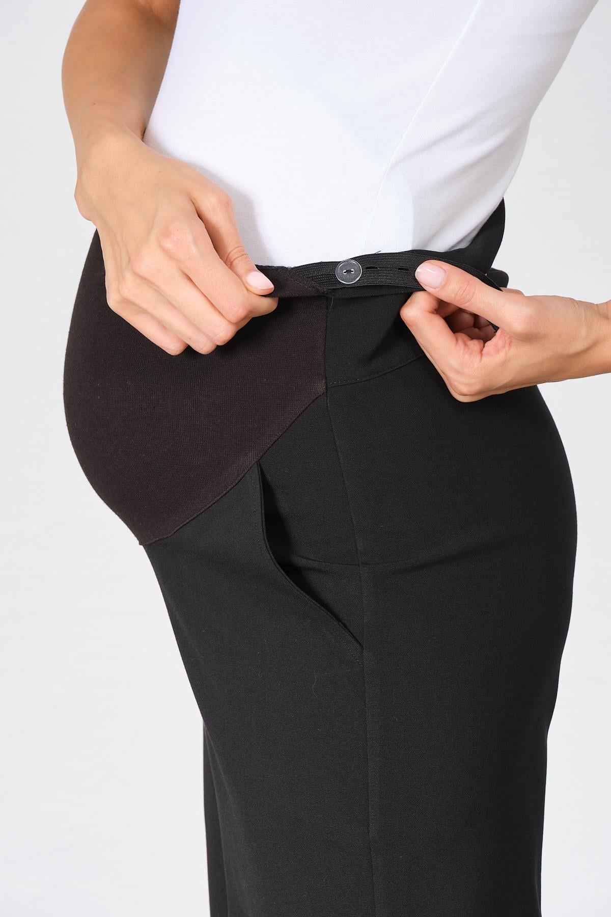 Busa Hamile Esnek Karın Bantlı Beli Ayarlı Bol Paça Gabardin Pantolon Siyah