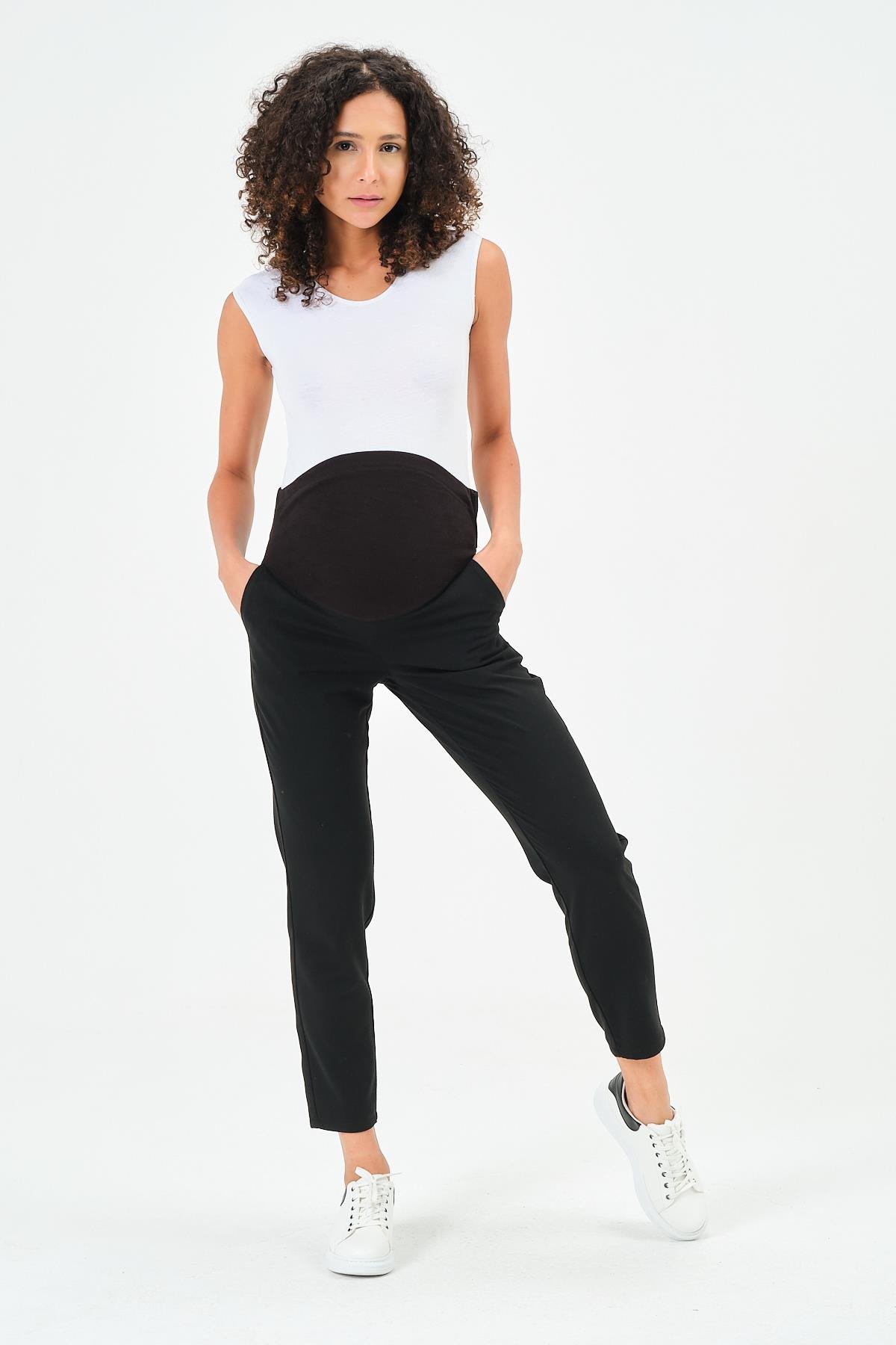 Busa Hamile Esnek Karın Bantlı Beli Ayarlı Mom Fit Klasik Pantolon Siyah