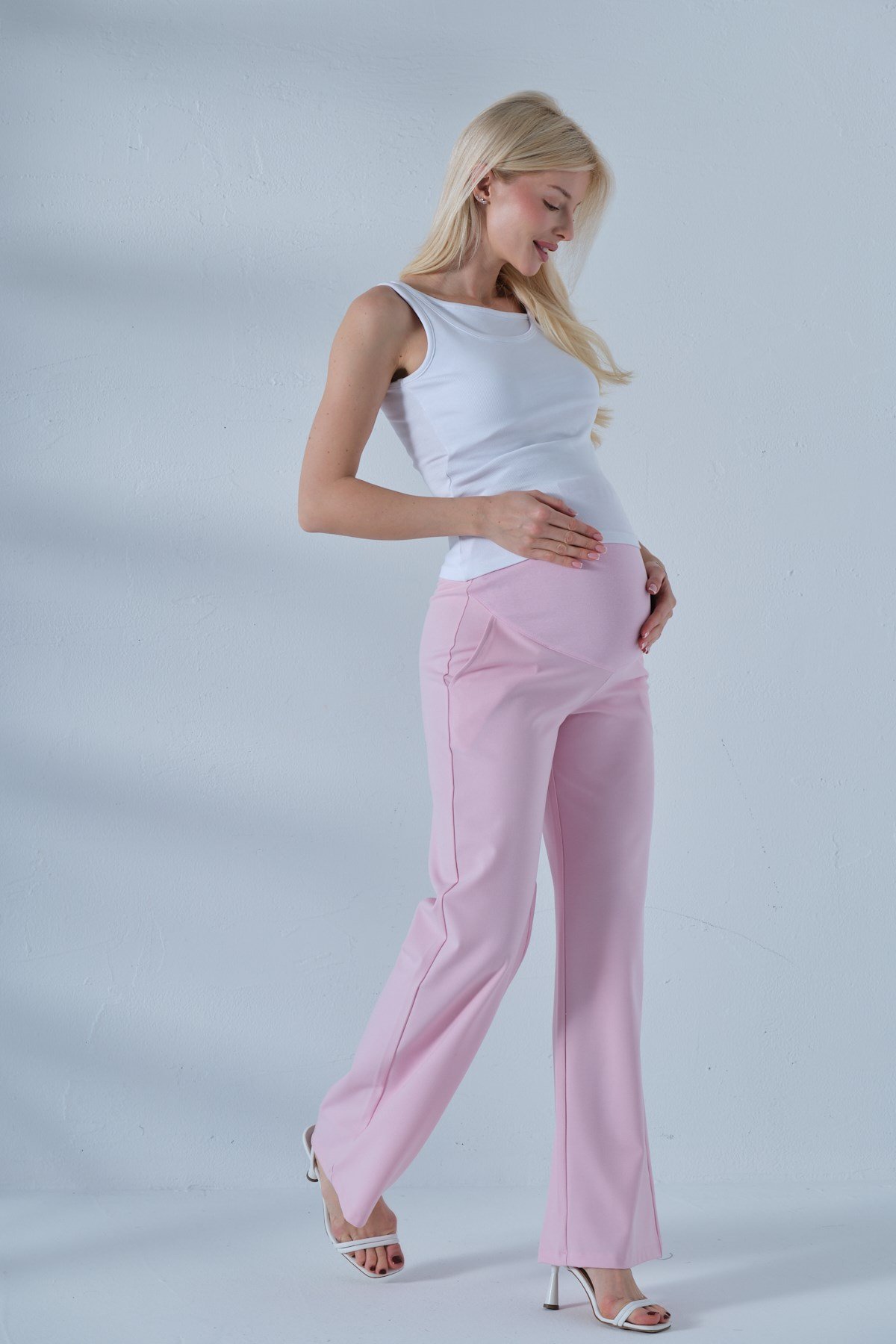 Busa Hamile Esnek Karın Bantlı Beli Ayarlı Bol Paça Gabardin Pantolon AÇIK PEMBE