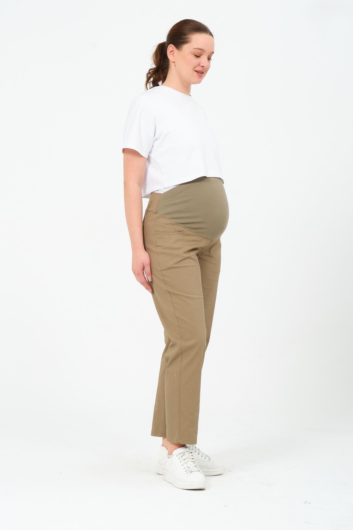 Busa Hamile Esnek Karın Bantlı Beli Ayarlanabilir Mom Fit Kanvas Pantolon HAKİ