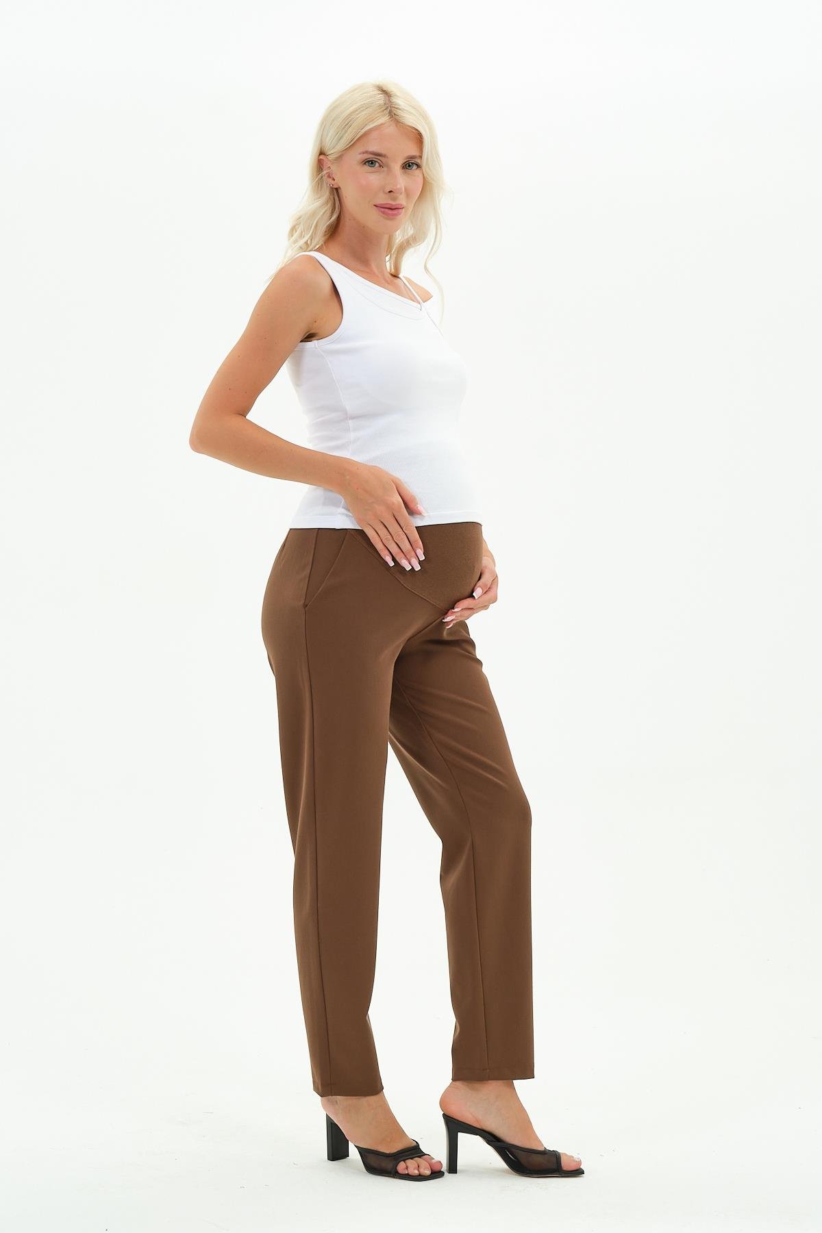 Busa Hamile Esnek Karın Bantlı Beli Ayarlı Kışlık Mom Fit Gabardin Pantolon Kahverengi