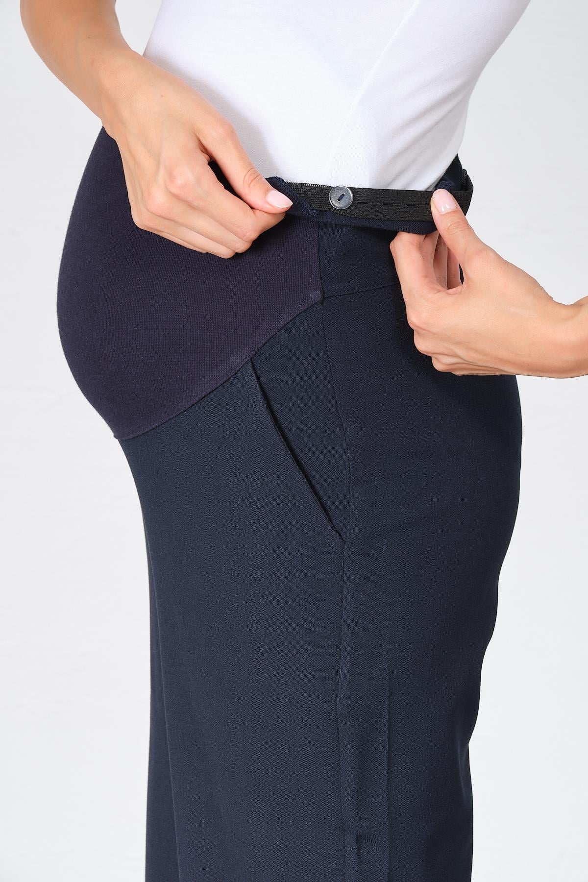Busa Hamile Esnek Karın Bantlı Beli Ayarlı Bol Paça Gabardin Pantolon Lacivert
