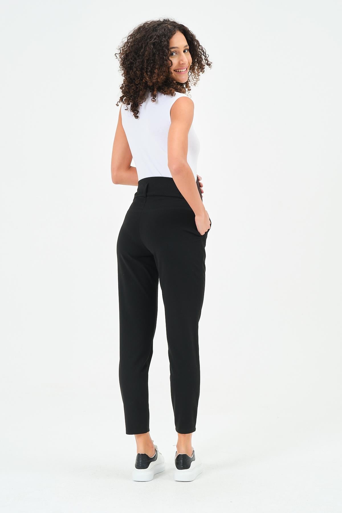 Busa Hamile Esnek Karın Bantlı Beli Ayarlı Mom Fit Klasik Pantolon Siyah