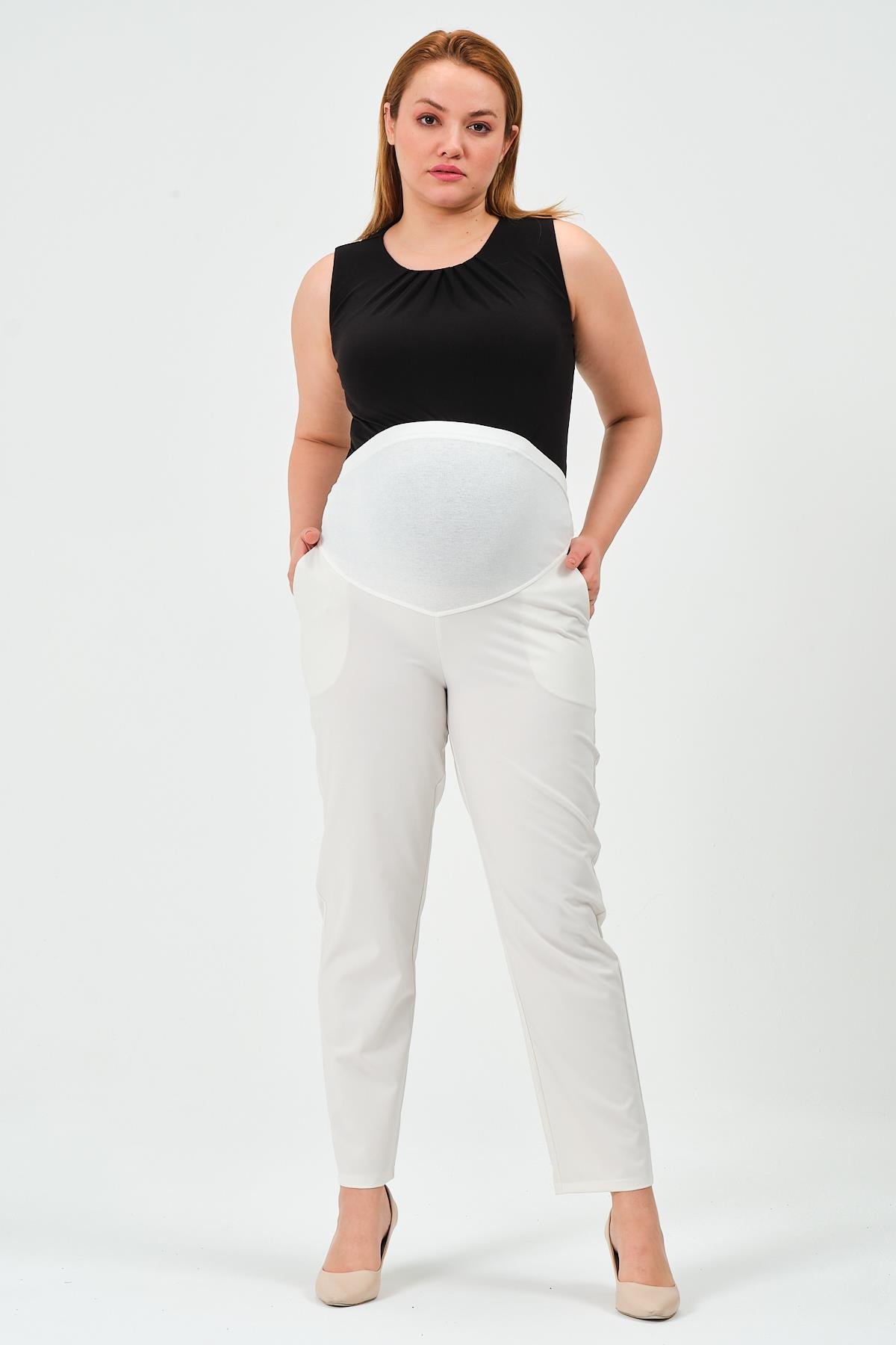 Busa Hamile Esnek Karın Bantlı Beli Ayarlı Klasik Mom Fit Pantolon Ekru