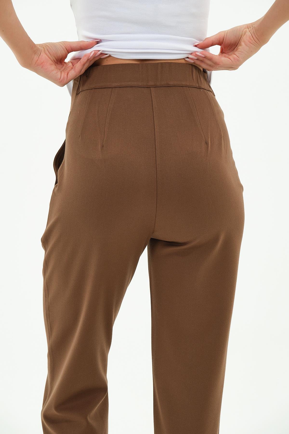 Busa Hamile Esnek Karın Bantlı Beli Ayarlanabilir Kışlık Mom Fit Klasik Pantolon KAHVERENGİ