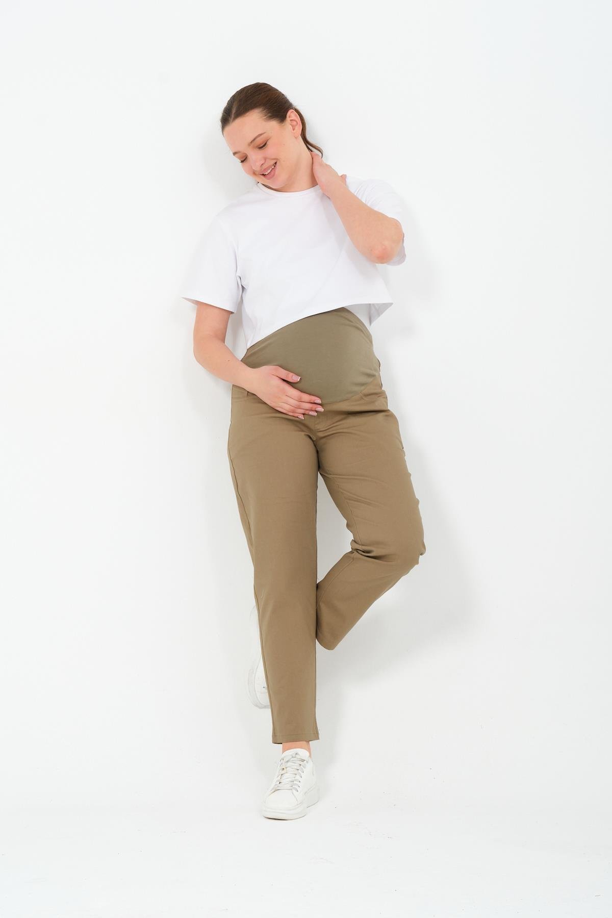 Busa Hamile Esnek Karın Bantlı Beli Ayarlanabilir Mom Fit Kanvas Pantolon HAKİ
