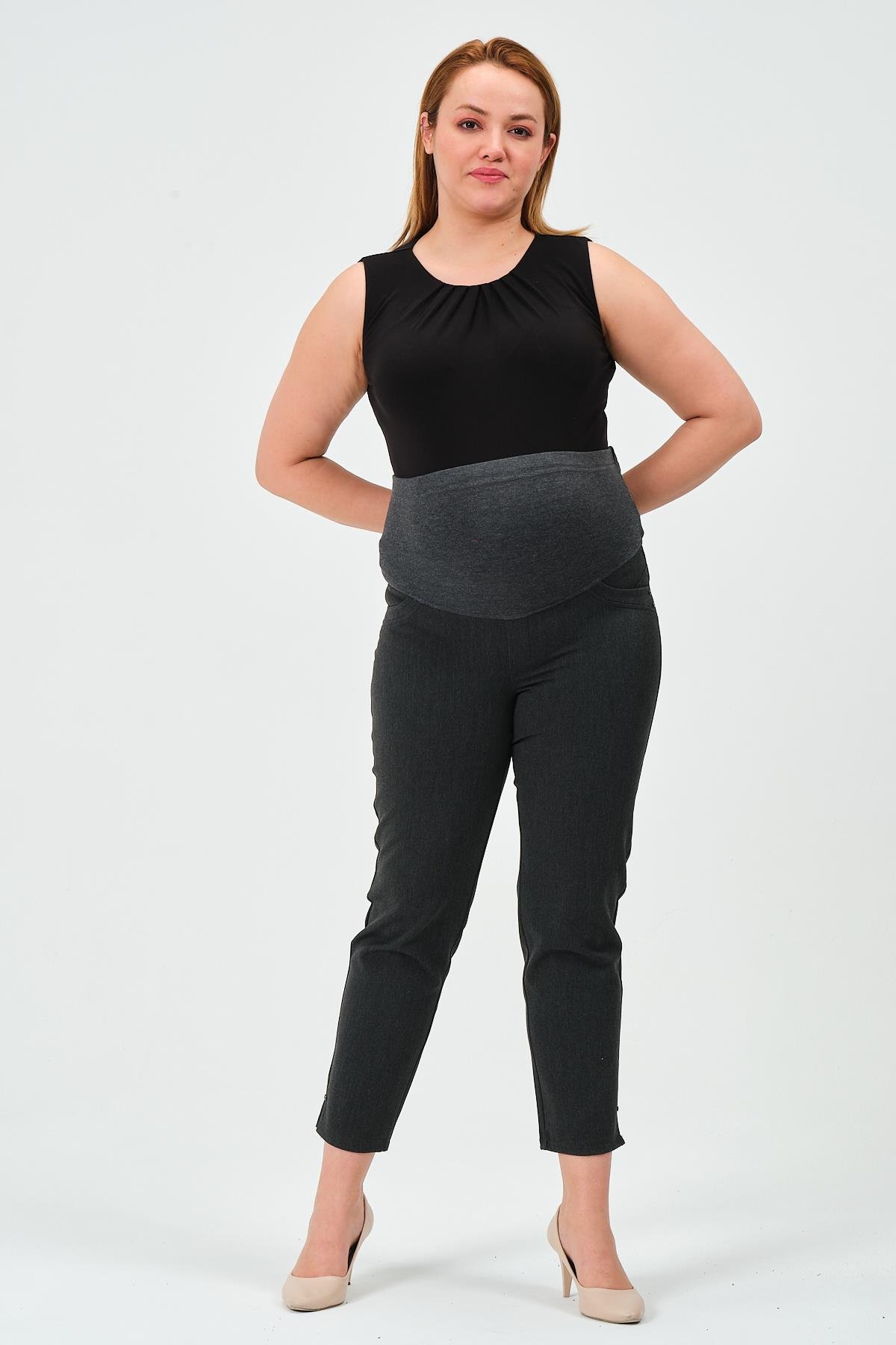 Busa Hamile Esnek Karın Bantlı Beli Ayarlanabilir Mom Fit Gabardin Pantolon GRİ