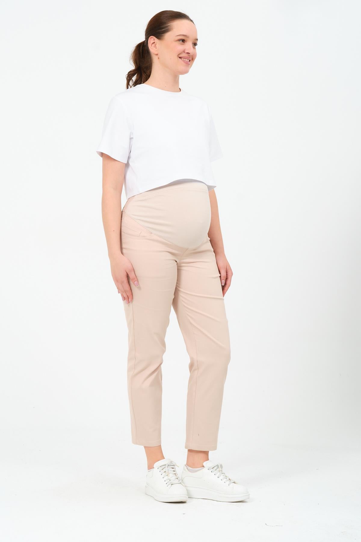 Busa Hamile Esnek Karın Bantlı Beli Ayarlanabilir Mom Fit Kanvas Pantolon BEJ