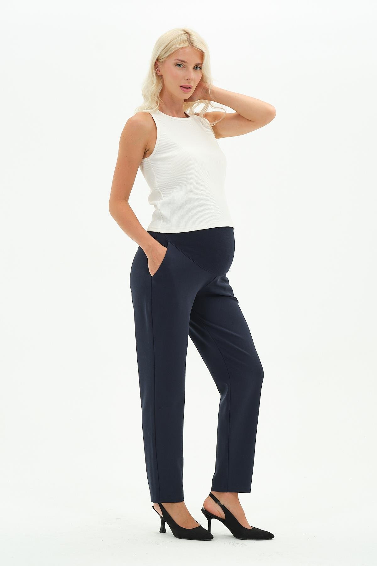 Busa Hamile Esnek Karın Bantlı Beli Ayarlanabilir Kışlık Mom Fit Klasik Pantolon LACİVERT