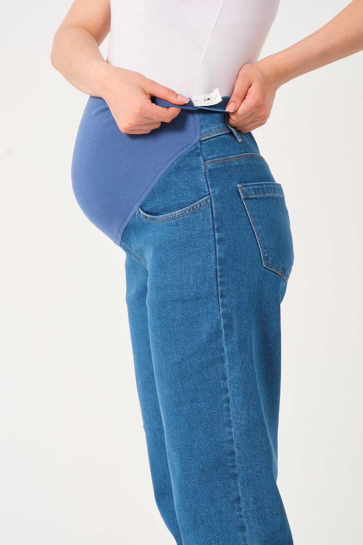 Busa Hamile Esnek Karın Bantlı Mom Fit Kot Pantolon Koyu Mavi