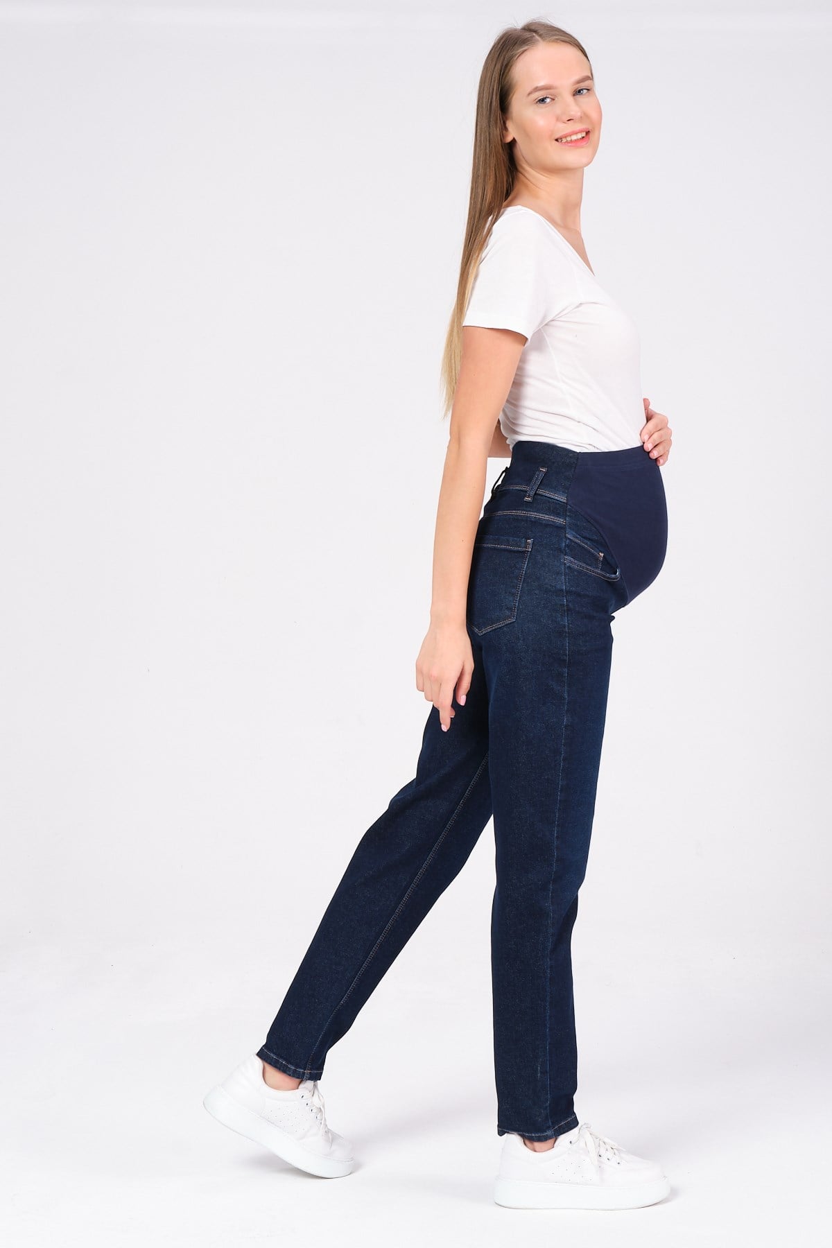 Busa Hamile Esnek Karın Bantlı Mom Fit Kot Pantolon Lacivert