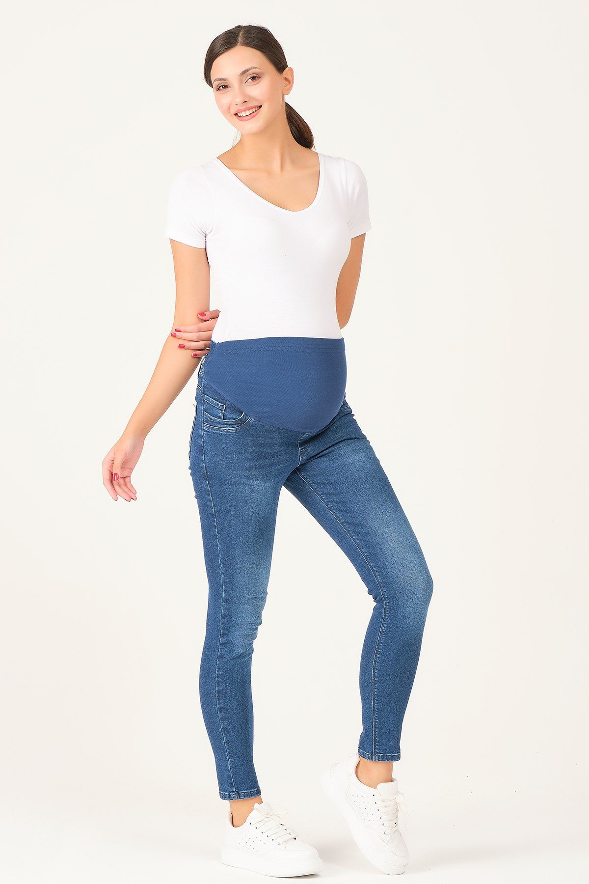 Busa Hamile Esnek Karın Bantlı Skinny Dar Paça Kot Pantolon Lacivert