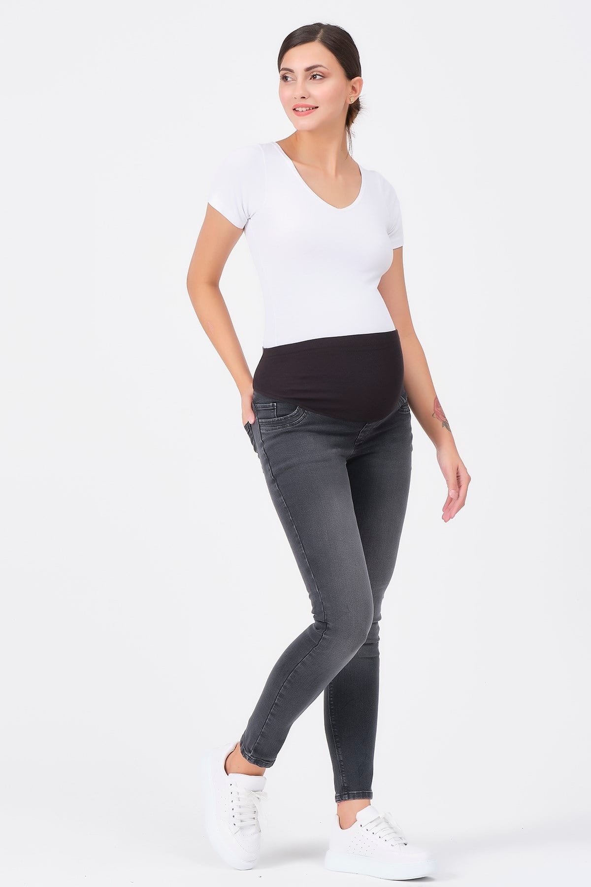 Busa Hamile Esnek Karın Bantlı Skinny Dar Paça Kot Pantolon Antrasit