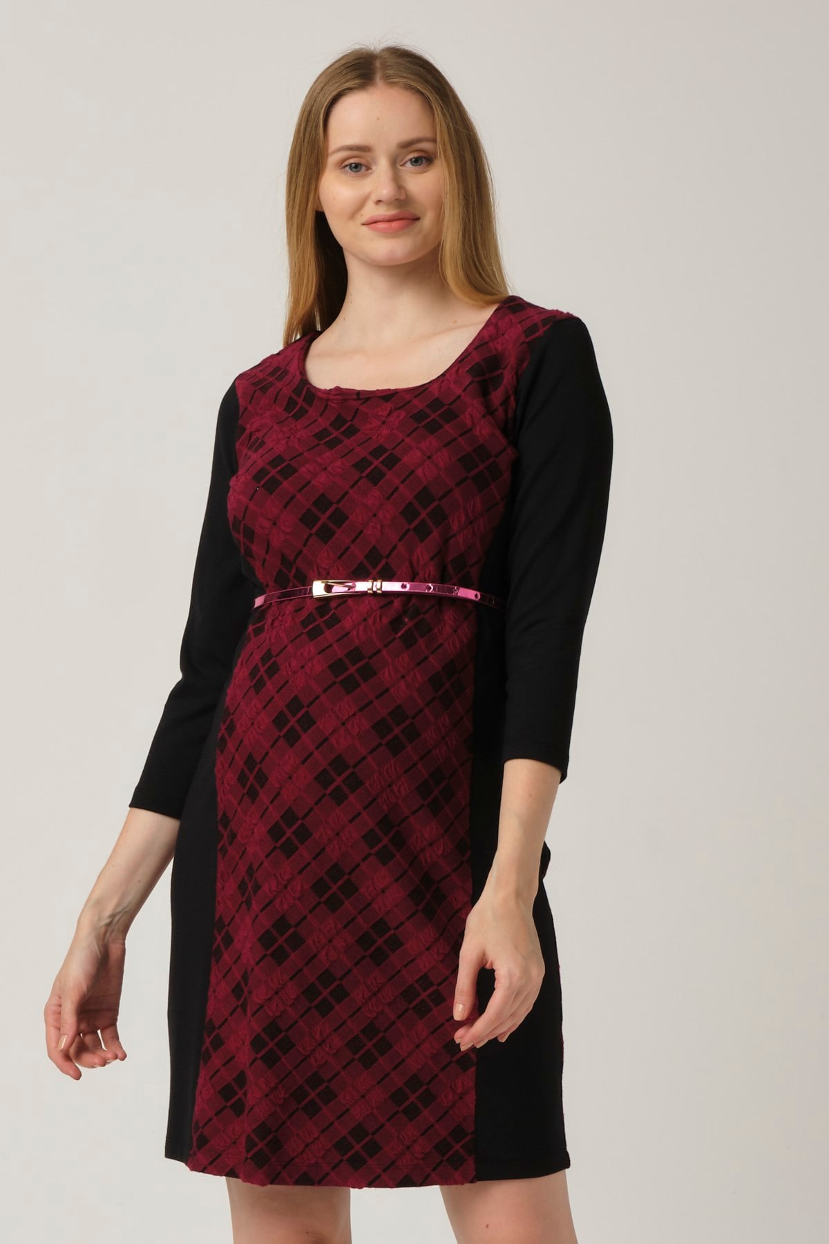 Busa Hamile Kemerli Mini Elbise Bordo