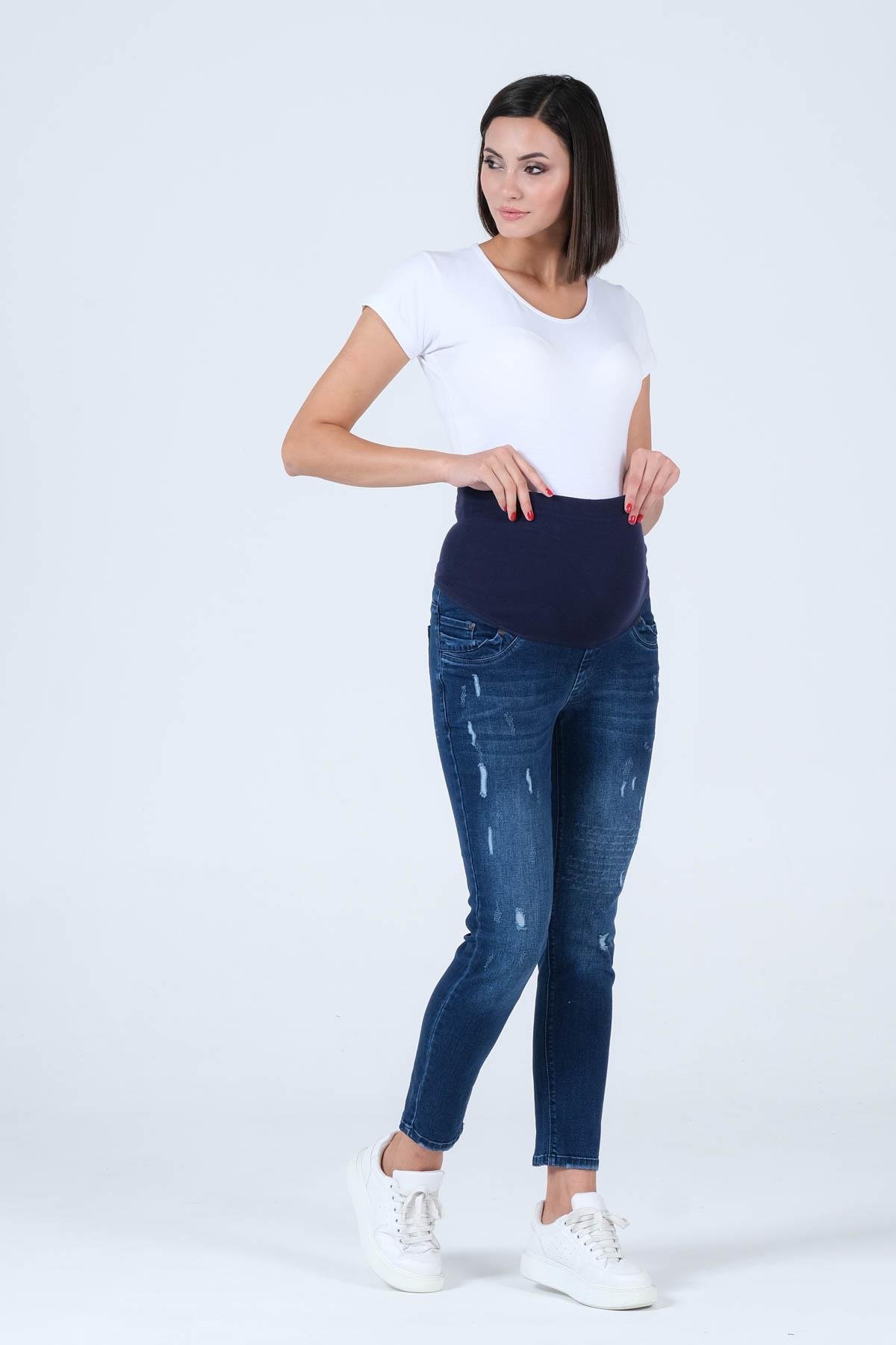 Busa Hamile Kot Pantolon Dar Paça Çizgili Yırtık Model Mavi