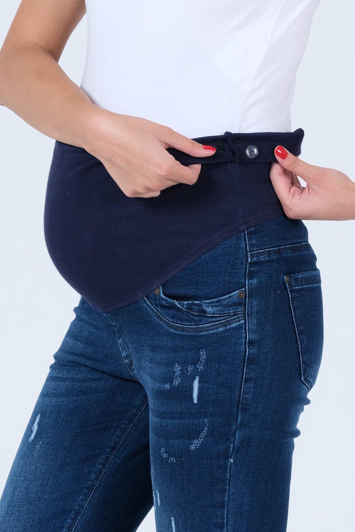 Busa Hamile Kot Pantolon Dar Paça Çizgili Yırtık Model Mavi