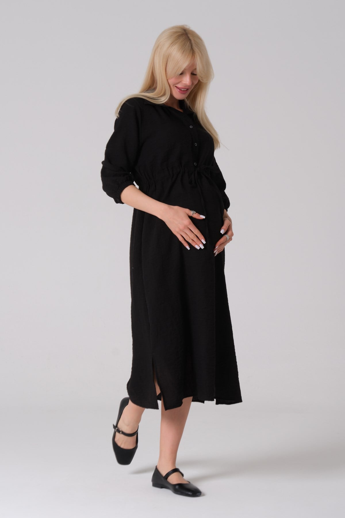 Busa Hamile Lastikli Kol Gömlek Yaka Midi Boy Keten Elbise SİYAH