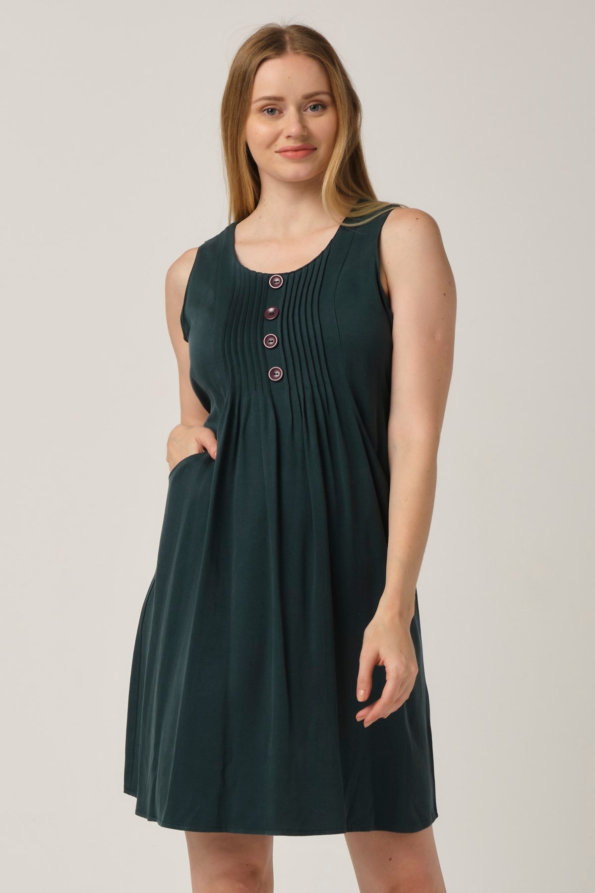 Busa Hamile Pileli Yaka Arkadan Bağcıklı Cepli Elbise Yeşil