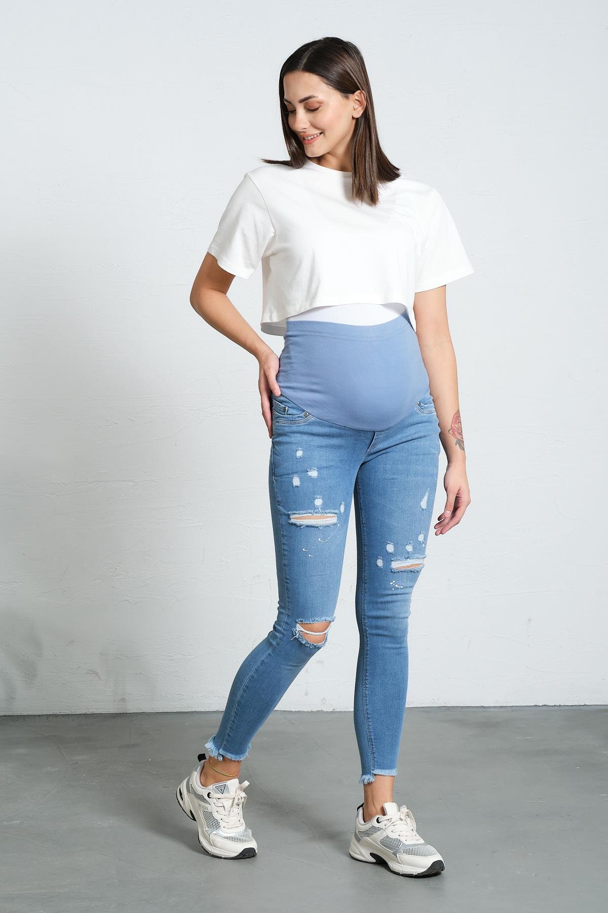 Busa Hamile Yırtık Skınny Model Jean Mavi